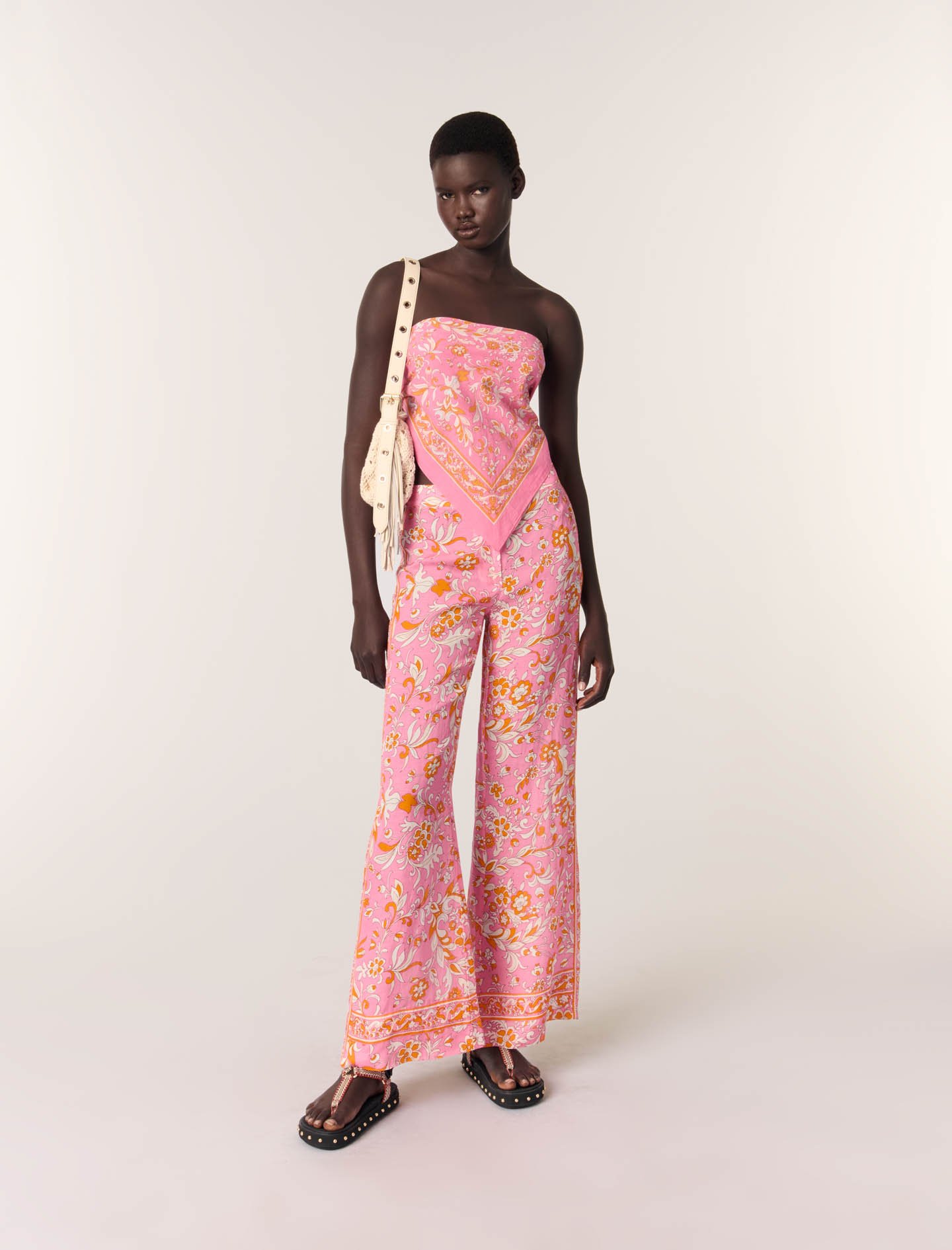 Pantalon En Lin Imprimé - Orange - Maje - Modalova