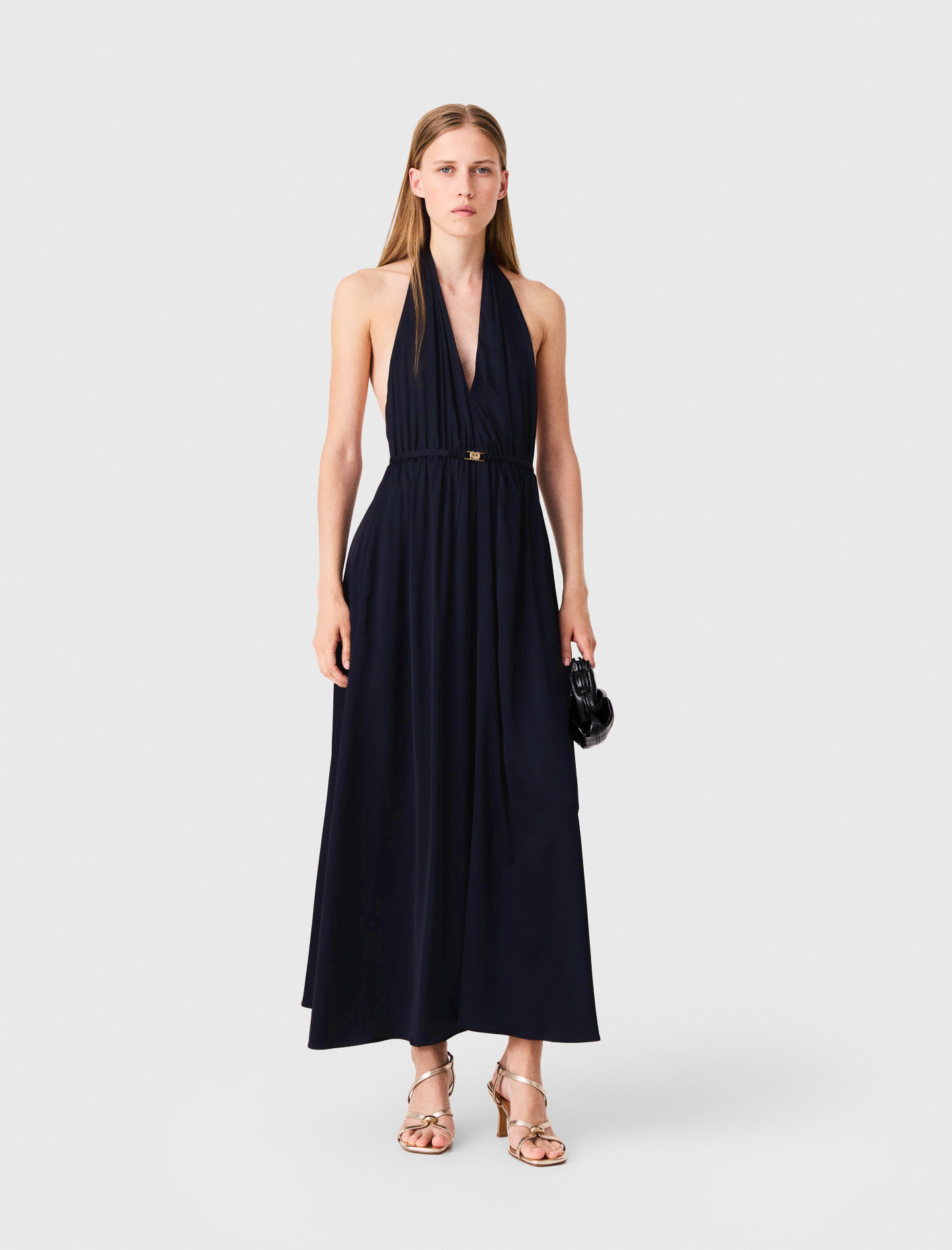 Robe Longue Plissée Dos Nu - Bleu Marine - Taille 42 - Maje
