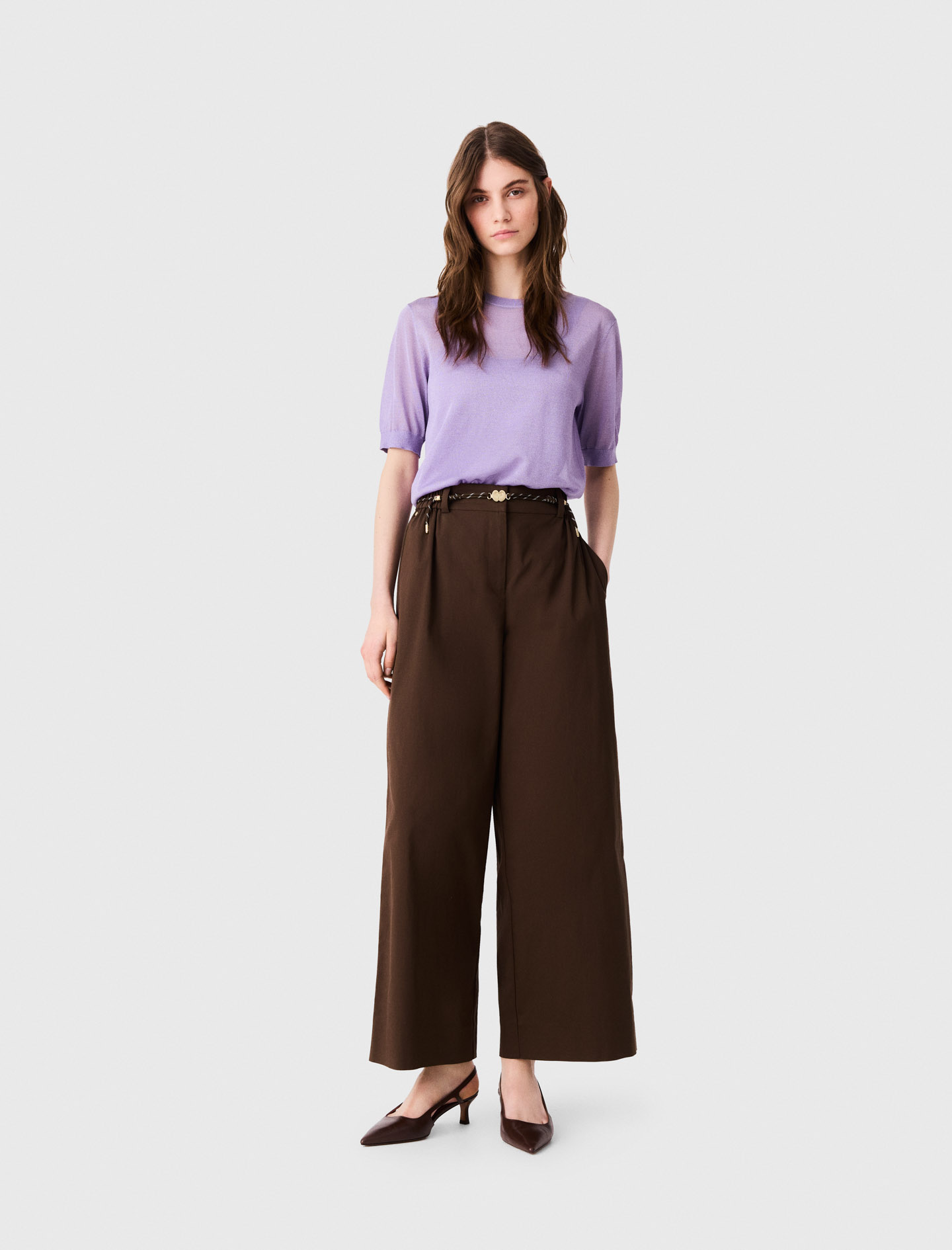 Pantalon Large En Coton - Marron - Taille 42 - Maje