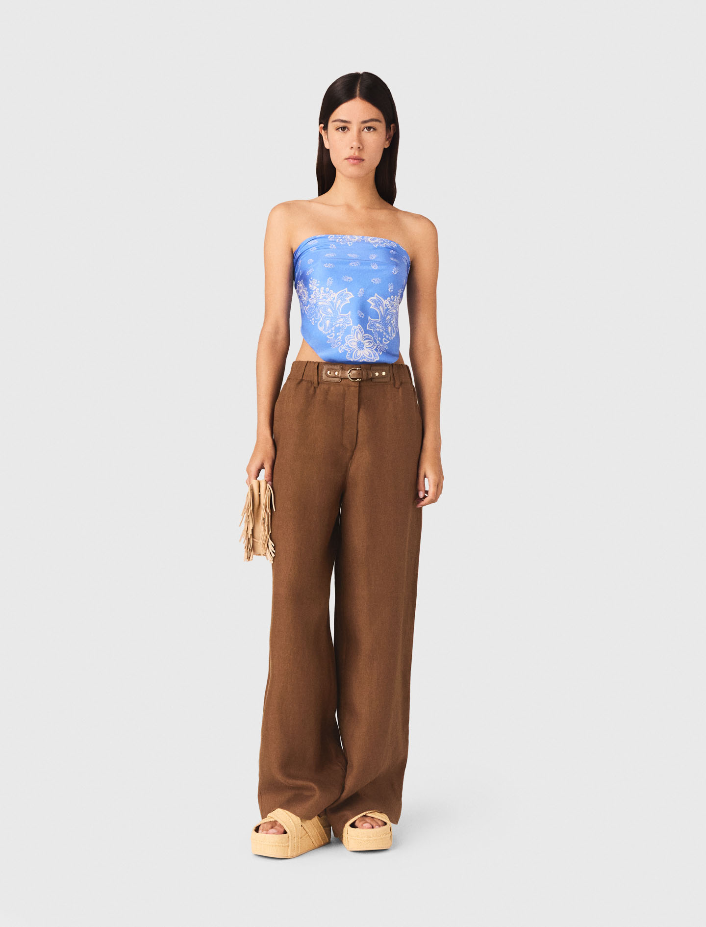 Pantalon En Lin Mélangé - Marron - Taille 34 - Maje