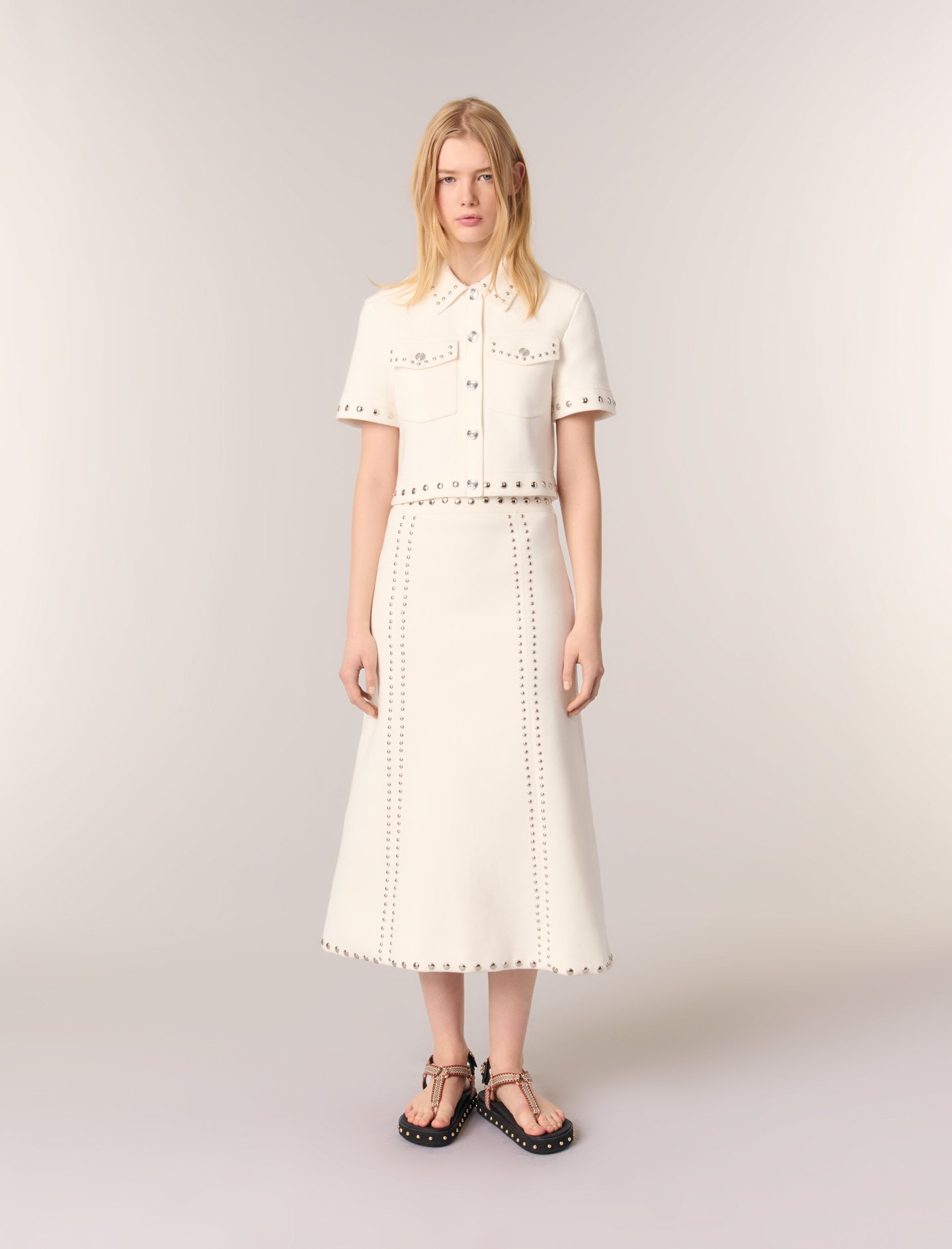 Jupe Midi En Maille À Studs - Blanc - Maje - Modalova
