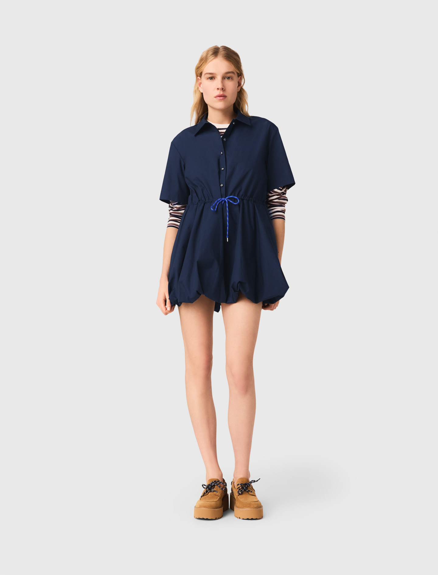 Robe Boule Manches Courtes En Coton - Bleu Marine - Taille 34 - Maje