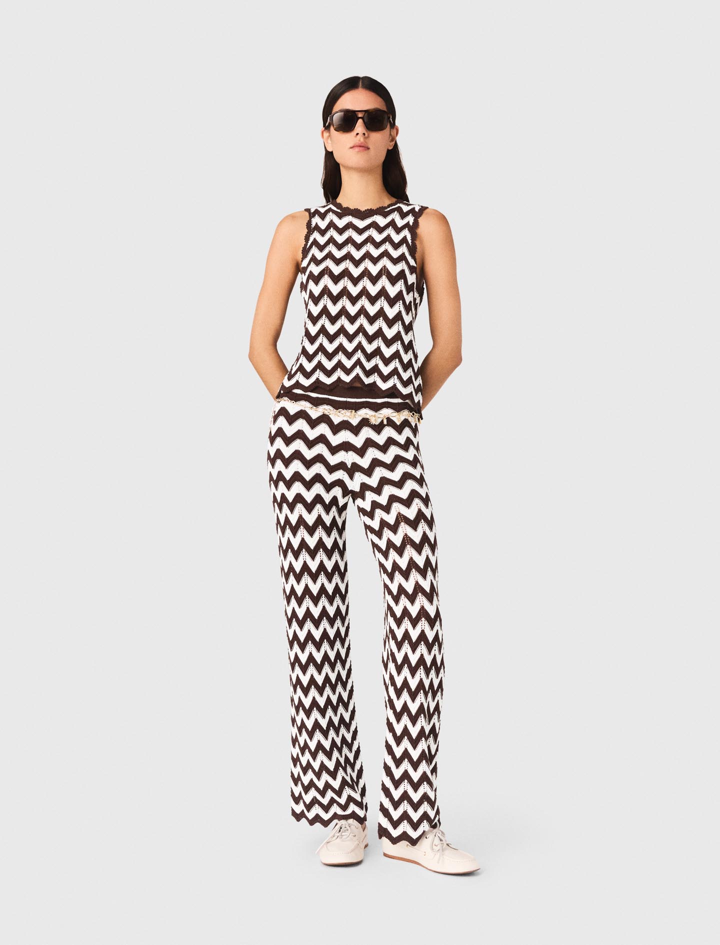 Top En Crochet À Motif Zigzag - Marron/blanc - Taille 0 - Maje