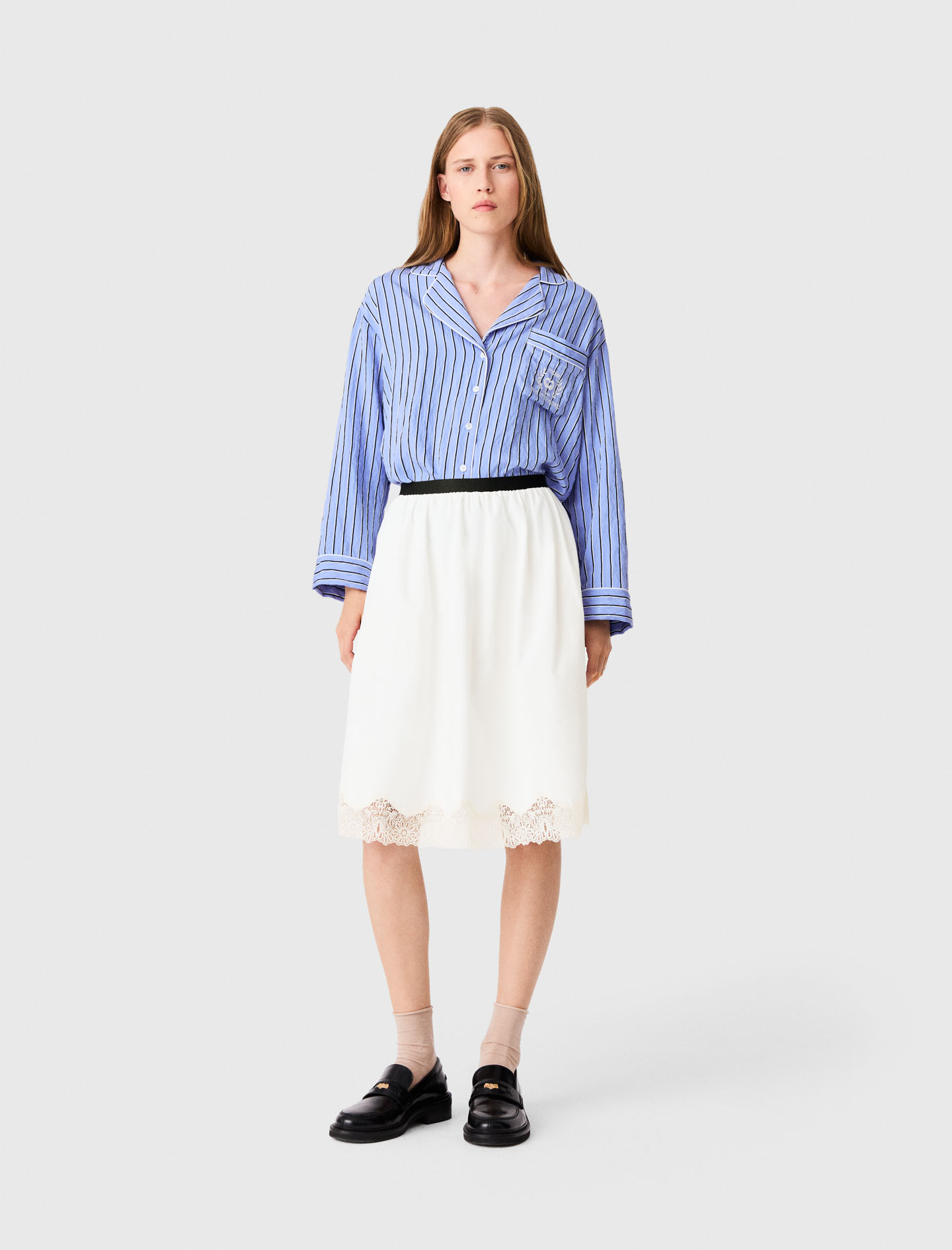 Jupe Mi-longue En Coton Et Dentelle - Blanc - Taille 38 - Maje