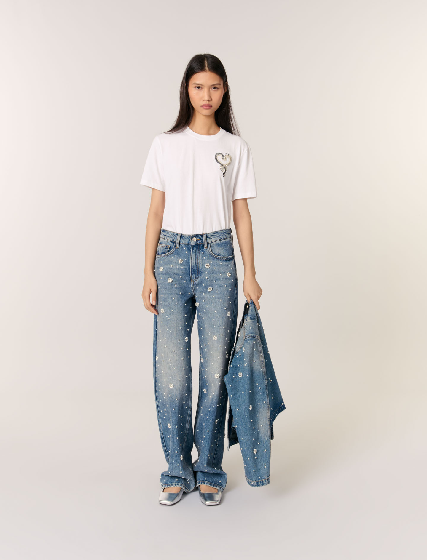 Jean Large Brodé - Bleu - Maje - Maje - Modalova