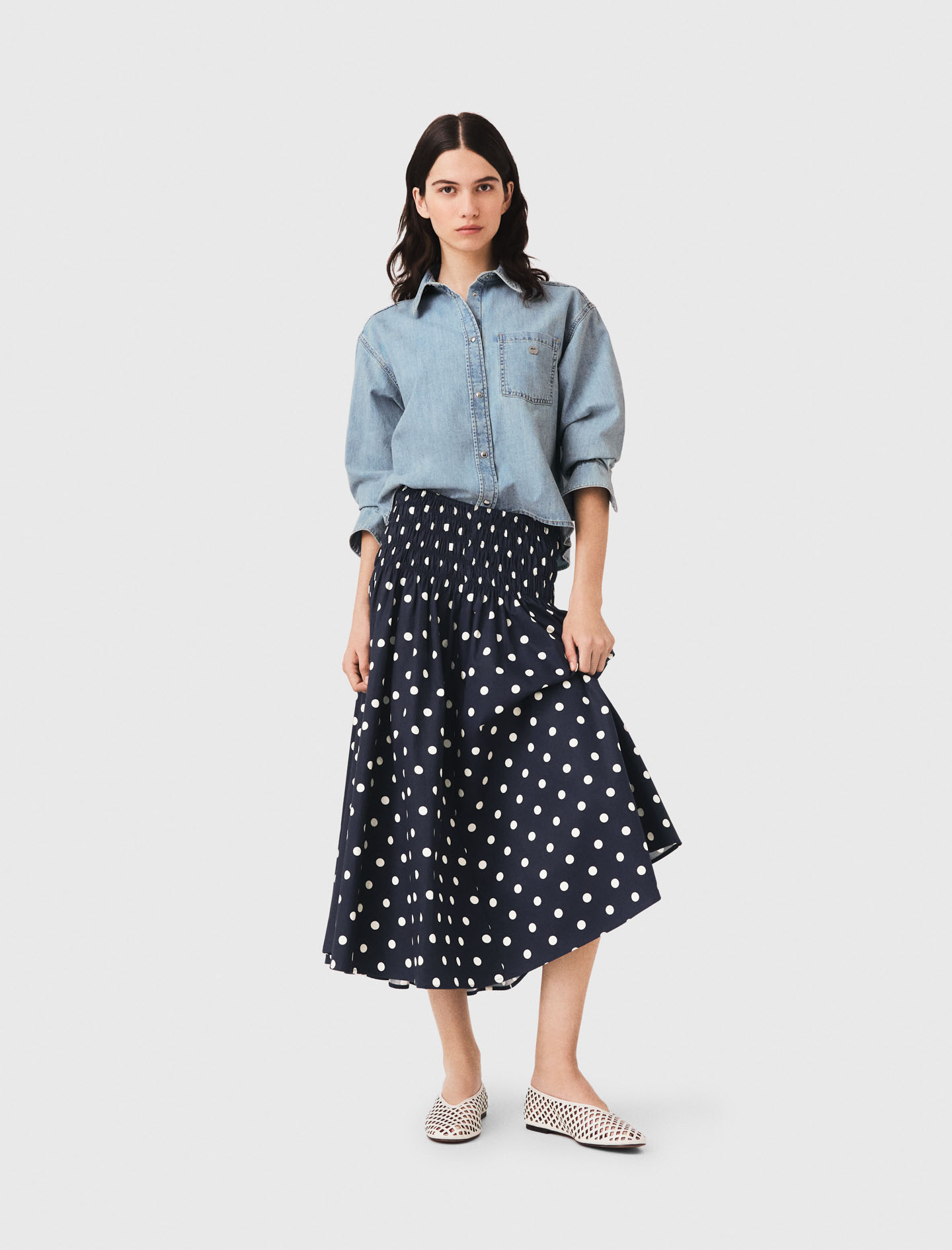Jupe Longue En Coton - Marine Pois Print - Taille 38 - Maje