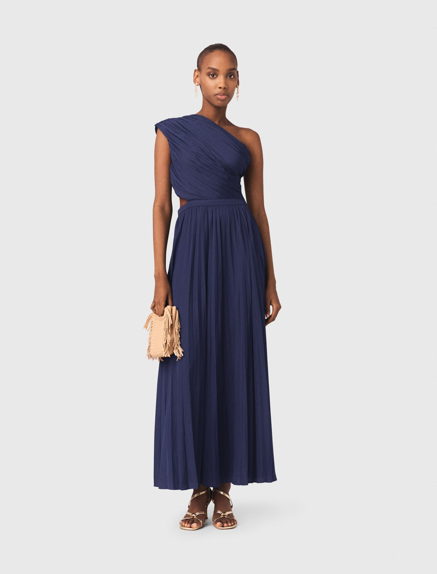 Robe Longue Plissée Asymétrique - Bleu Marine - Taille 42 - Maje