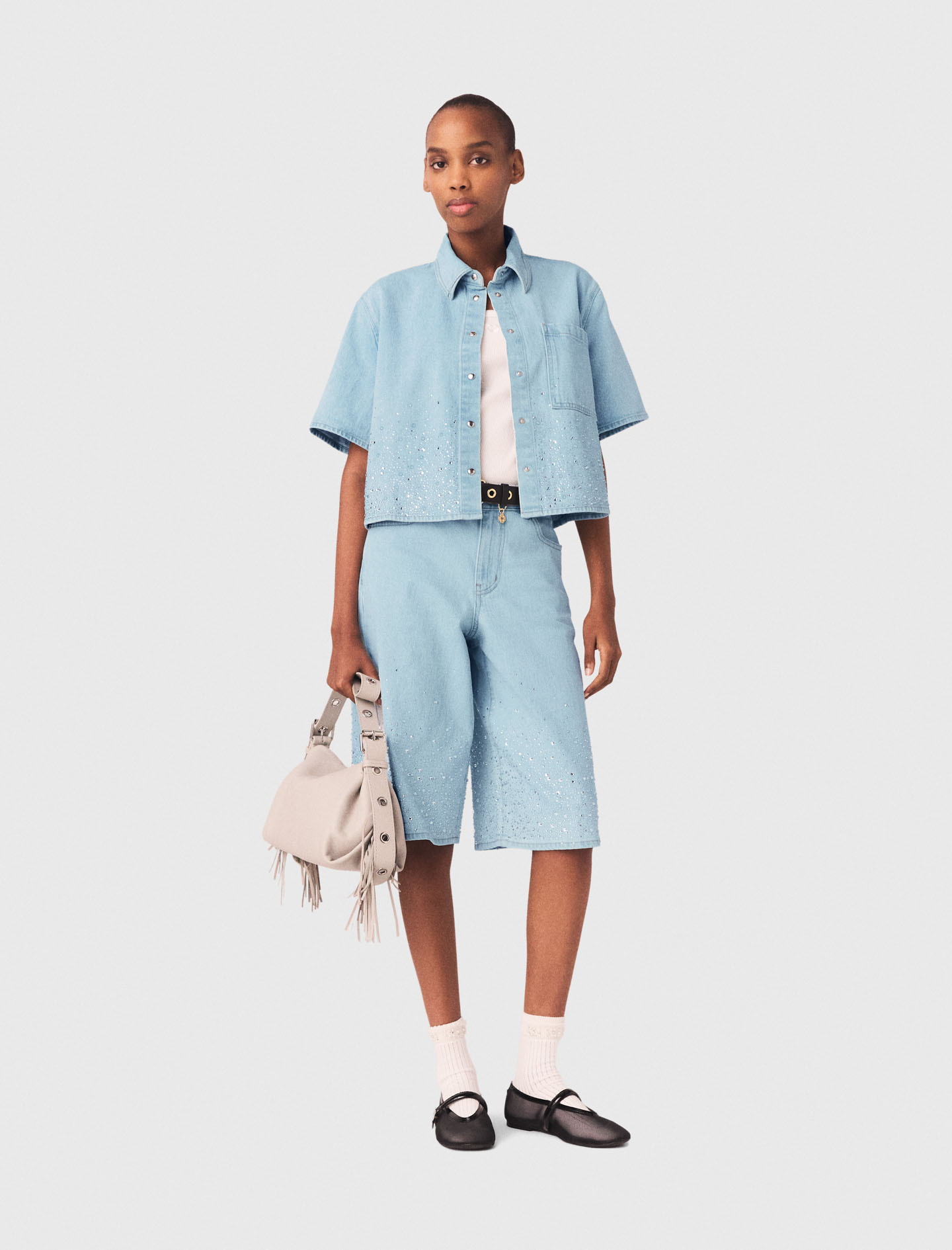 Chemise Courte En Denim Avec Strass - Bleu - Taille 2 - Maje