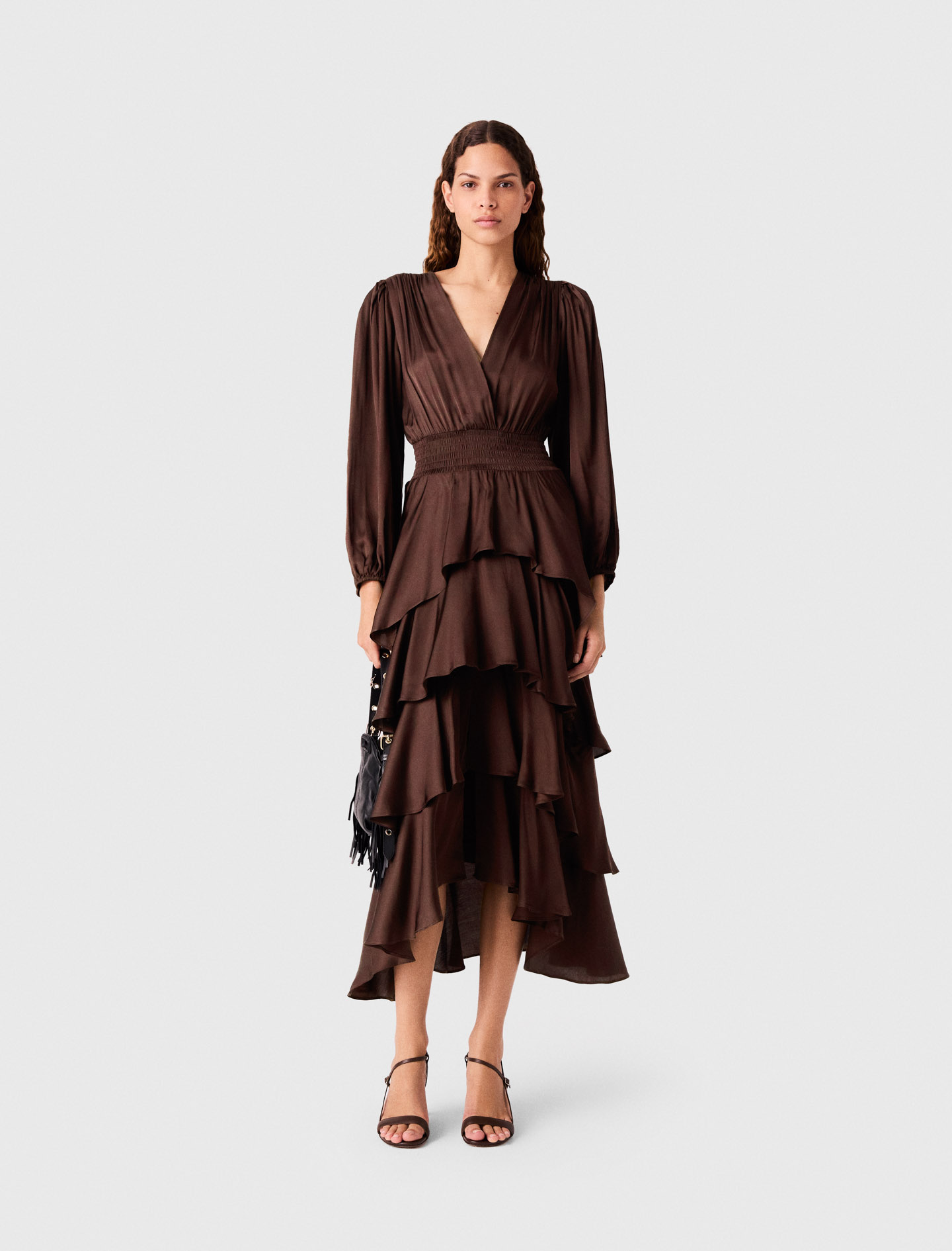 Robe Longue Fluide À Volants - Marron - Taille 38 - Maje