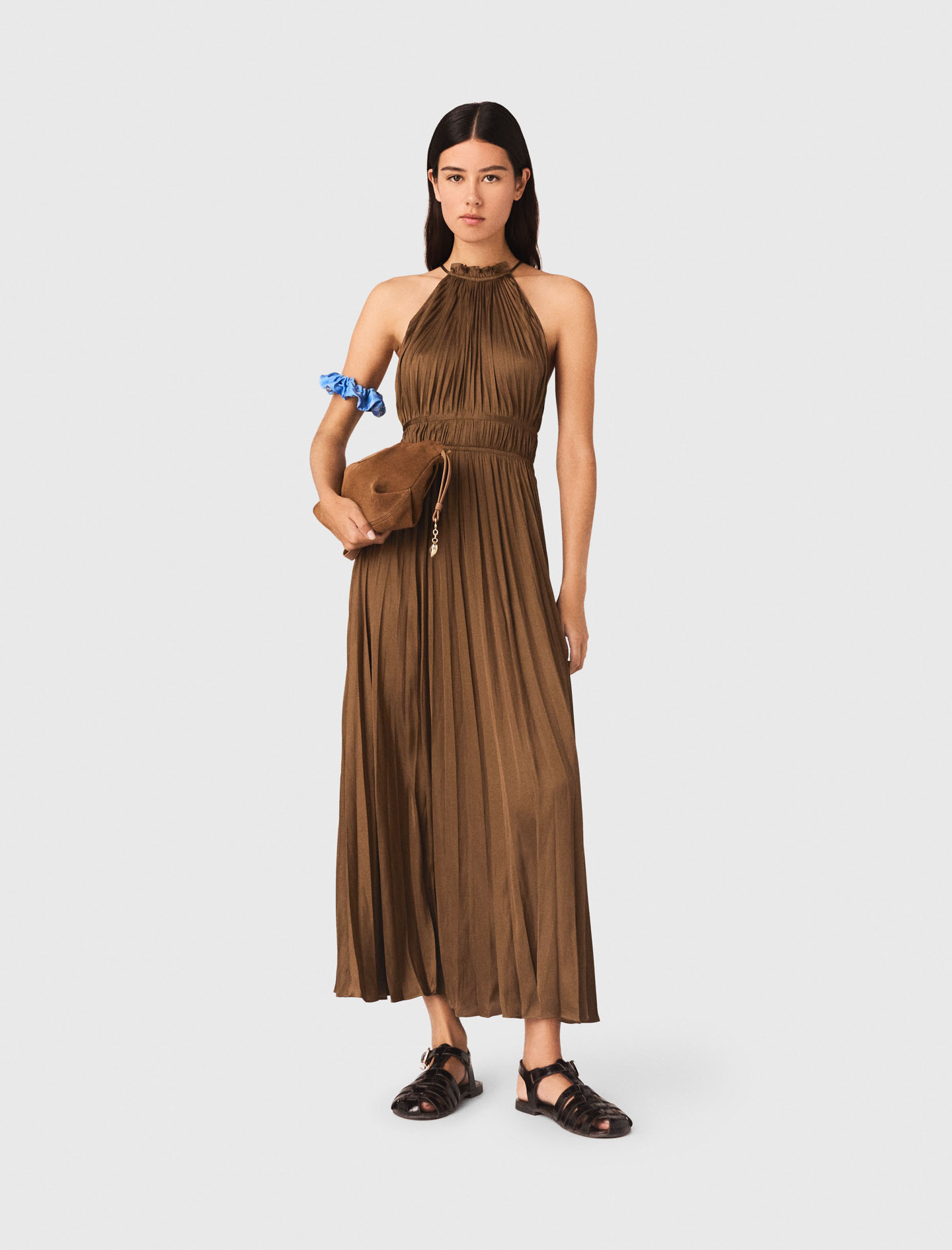 Robe Longue Plissée - Marron - Taille 42 - Maje