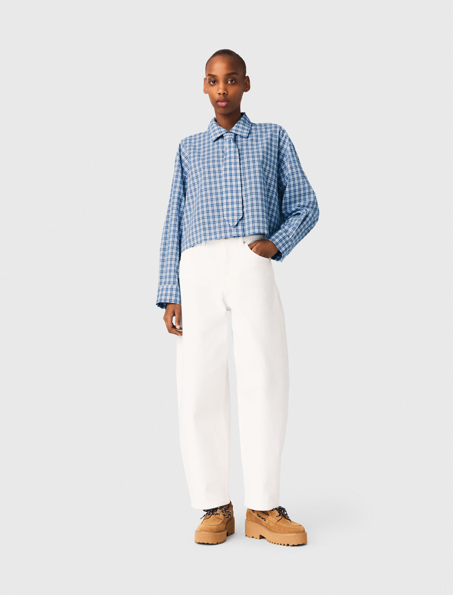 Chemise Strassée Cravate Amovible - Carreaux Bleus Print - Taille 0 - Maje
