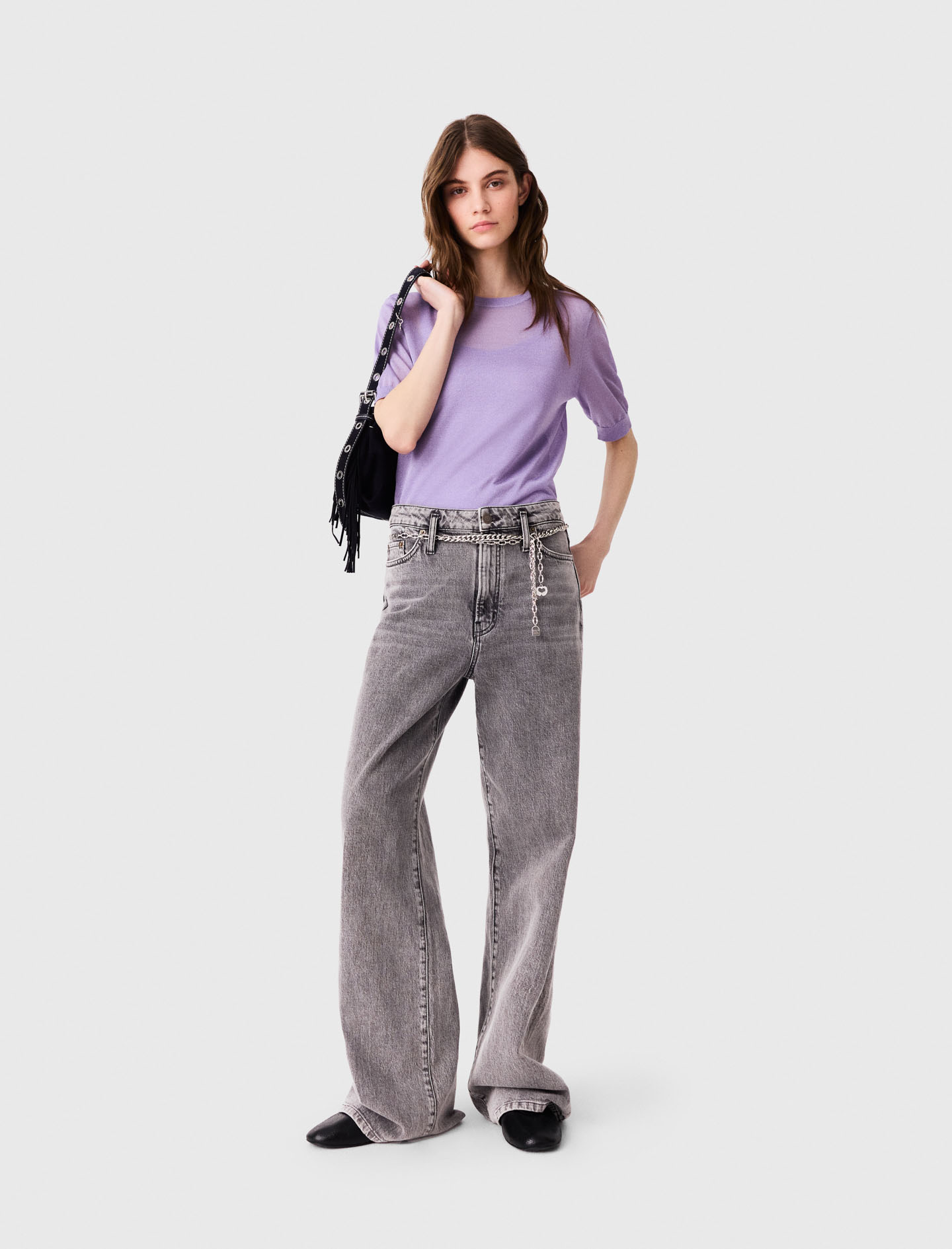Jean Large À Ceinture Maillons - Gris - Taille 38 - Maje