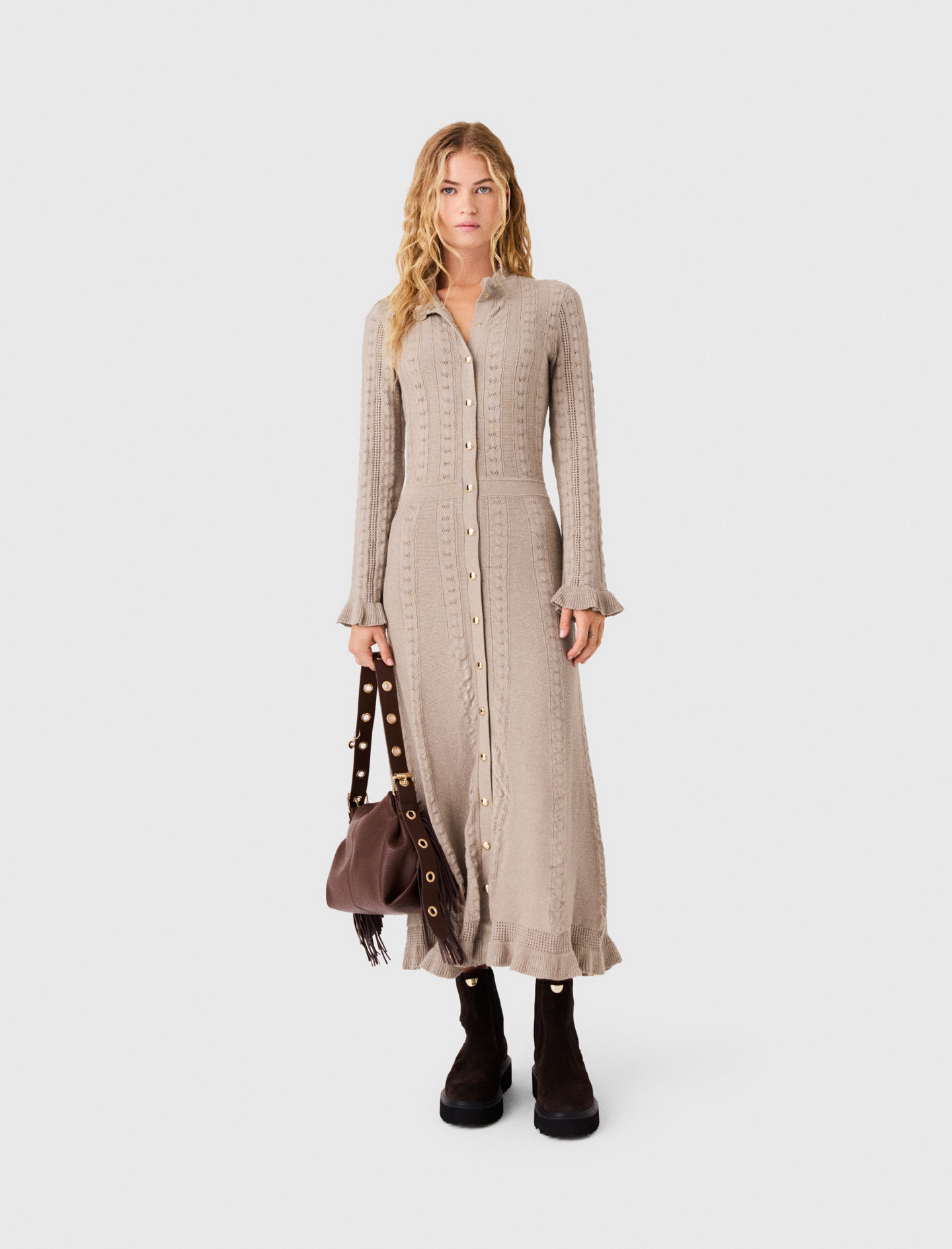 Robe Longue En Maille Texturée - Beige - Taille 36 - Maje