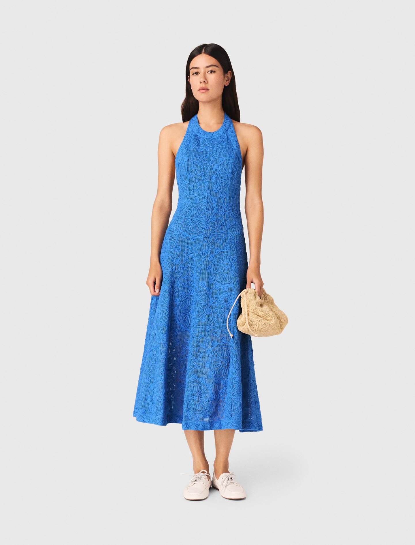 Robe Longue Dos Nu En Guipure - Bleu - Taille 34 - Maje