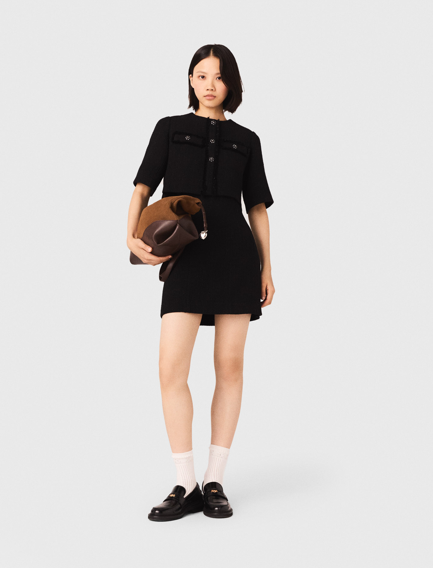 Robe 2 En 1 En Tweed - Noir - Taille 40 - Maje