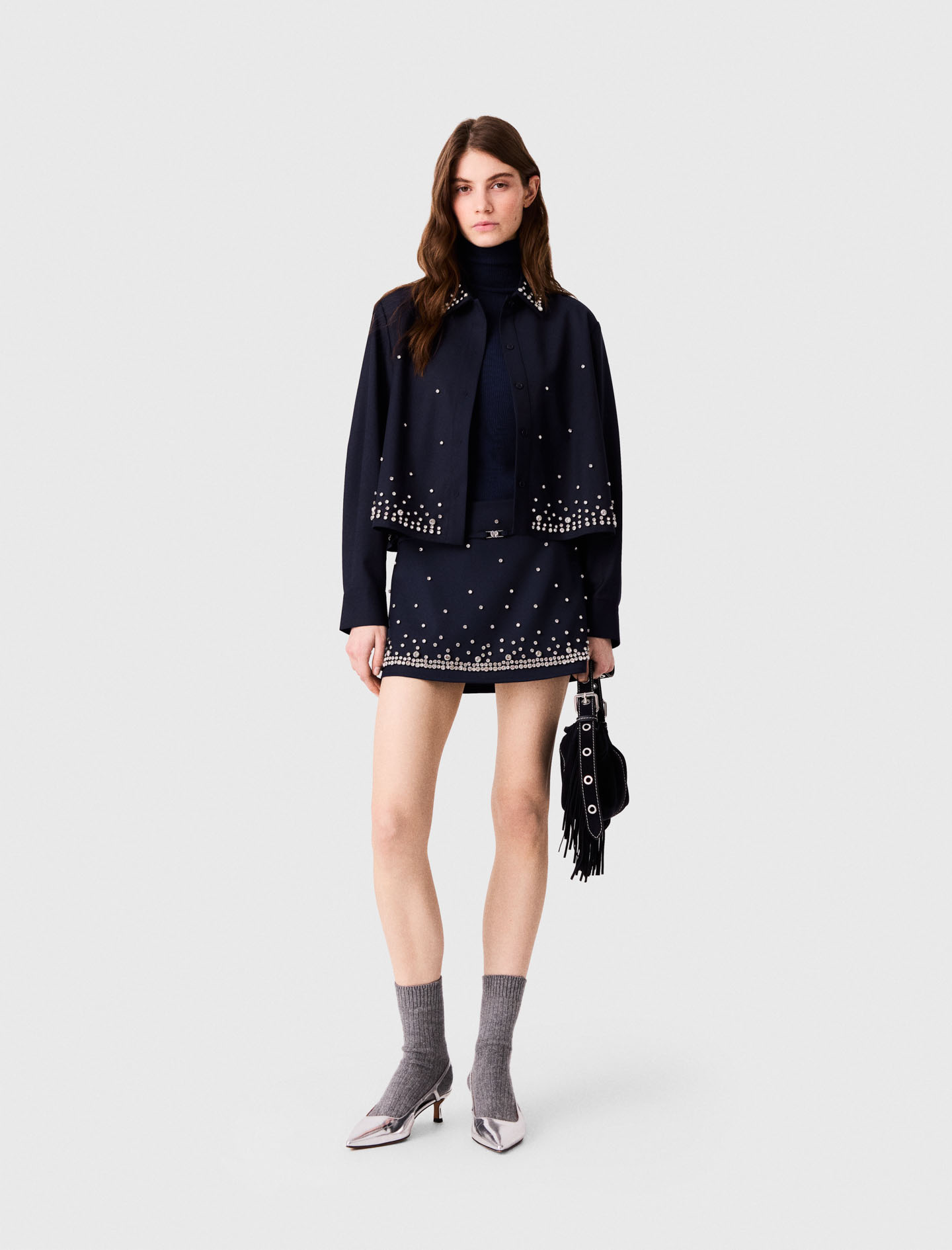 Short Trompe-l'oeil Avec Strass - Bleu Marine - Taille 42 - Maje