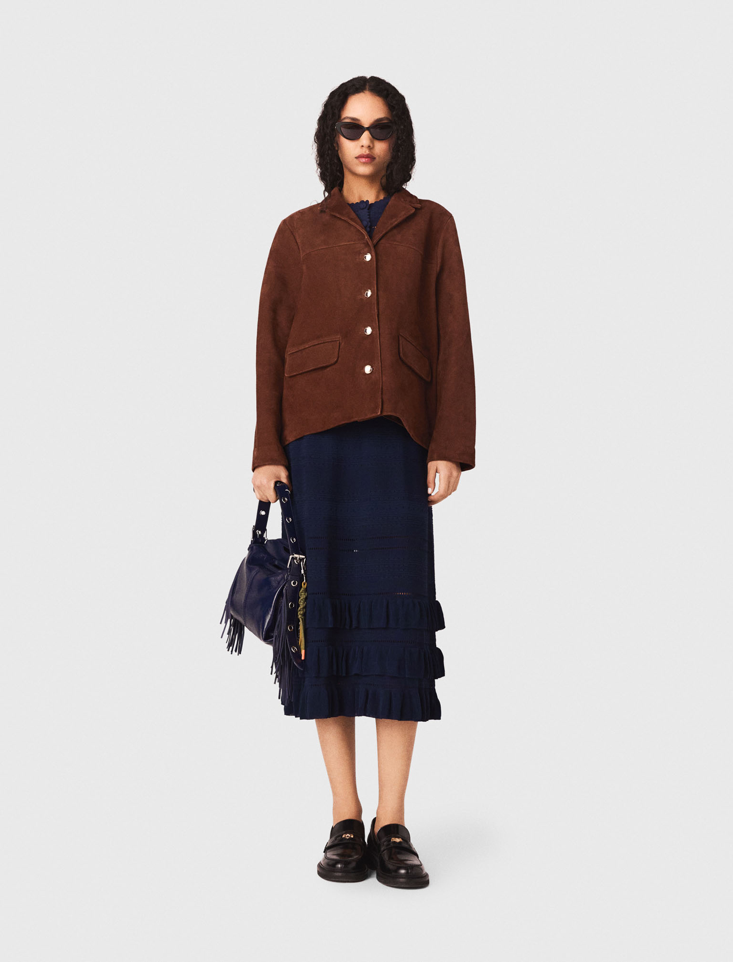 Veste En Suède - Marron Chocolat - Taille 38 - Maje
