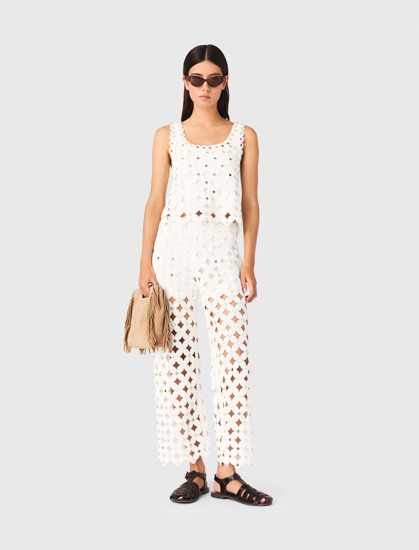 Pantalon En Crochet Avec Miroirs - Blanc - Taille 34 - Maje