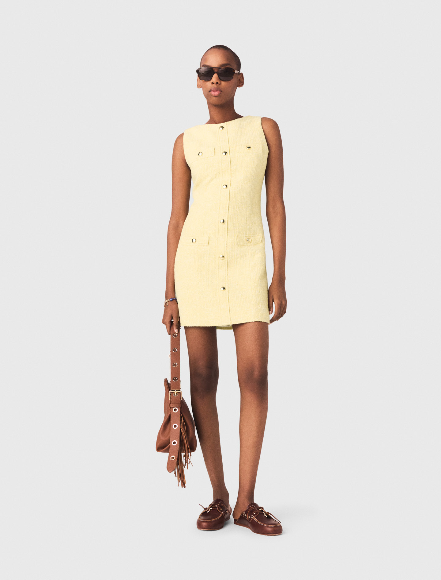 Robe Courte En Tweed - Jaune - Taille 42 - Maje