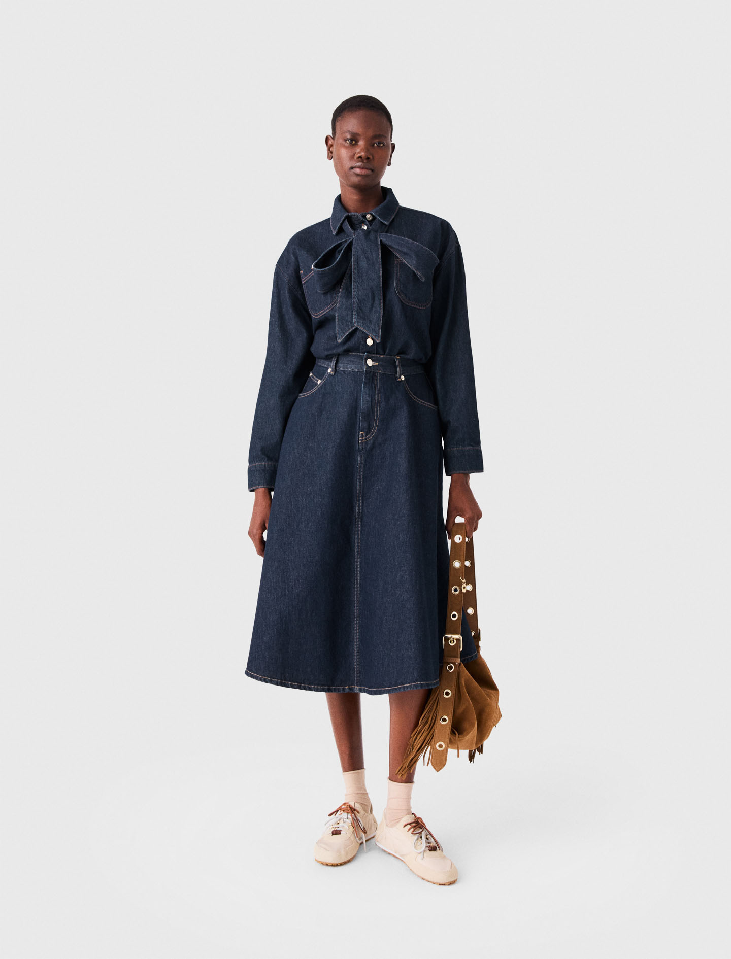 Chemise En Denim Avec Lavallière - Bleu Marine - Taille 2 - Maje