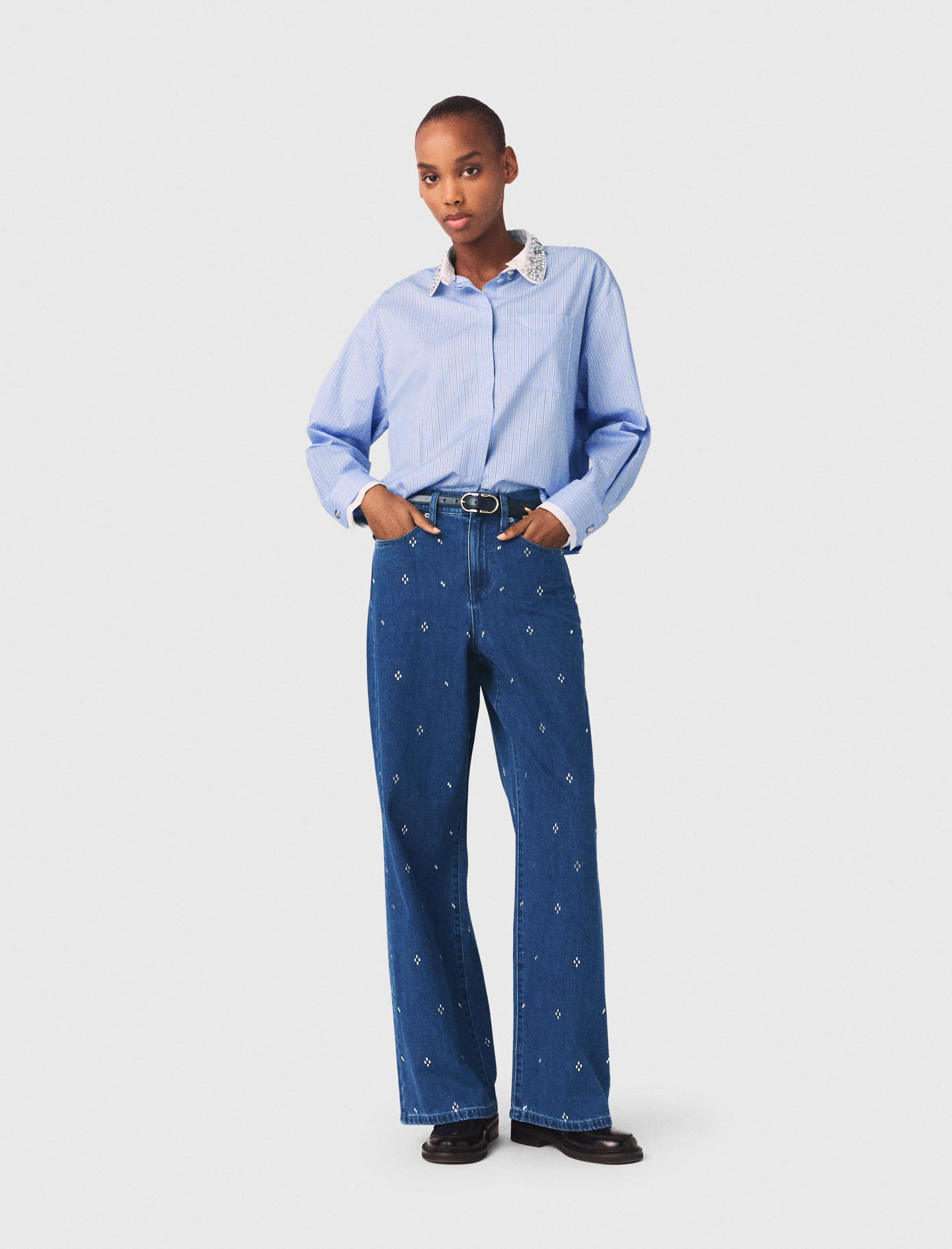 Jean Large À Strass - Bleu - Taille 34 - Maje