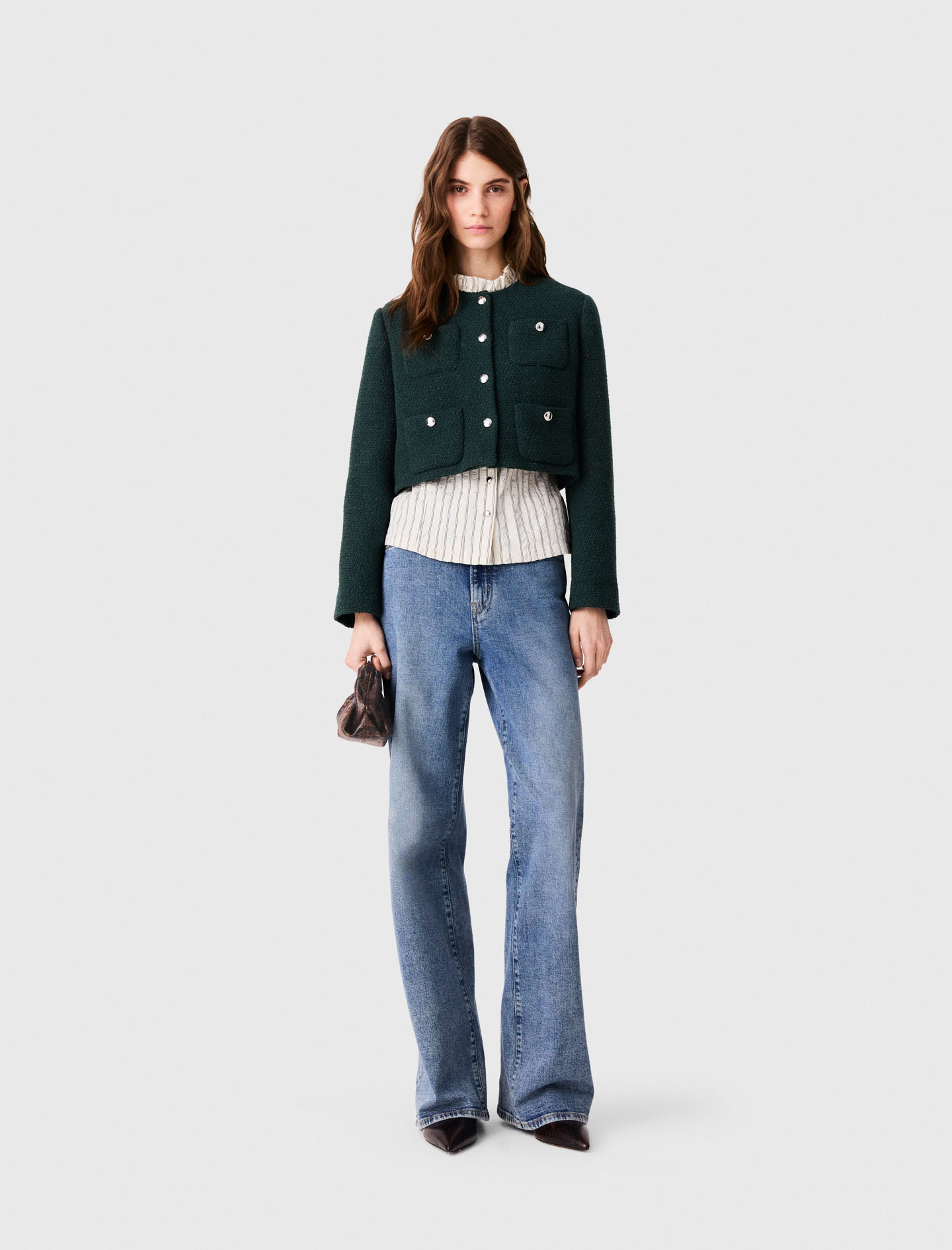 Veste Courte En Tweed - Vert - Taille 34 - Maje