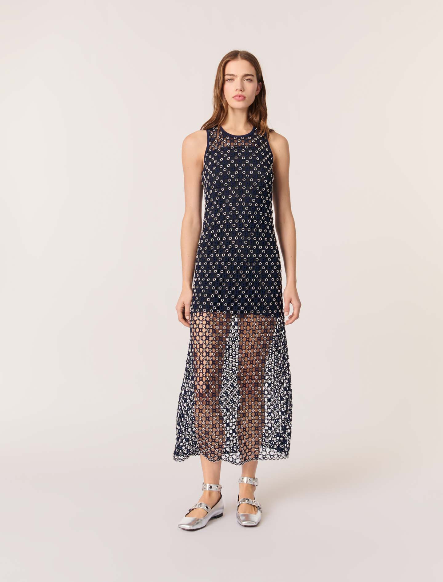 Robe Longue En Crochet Avec Perles - Bleu - Maje - Modalova