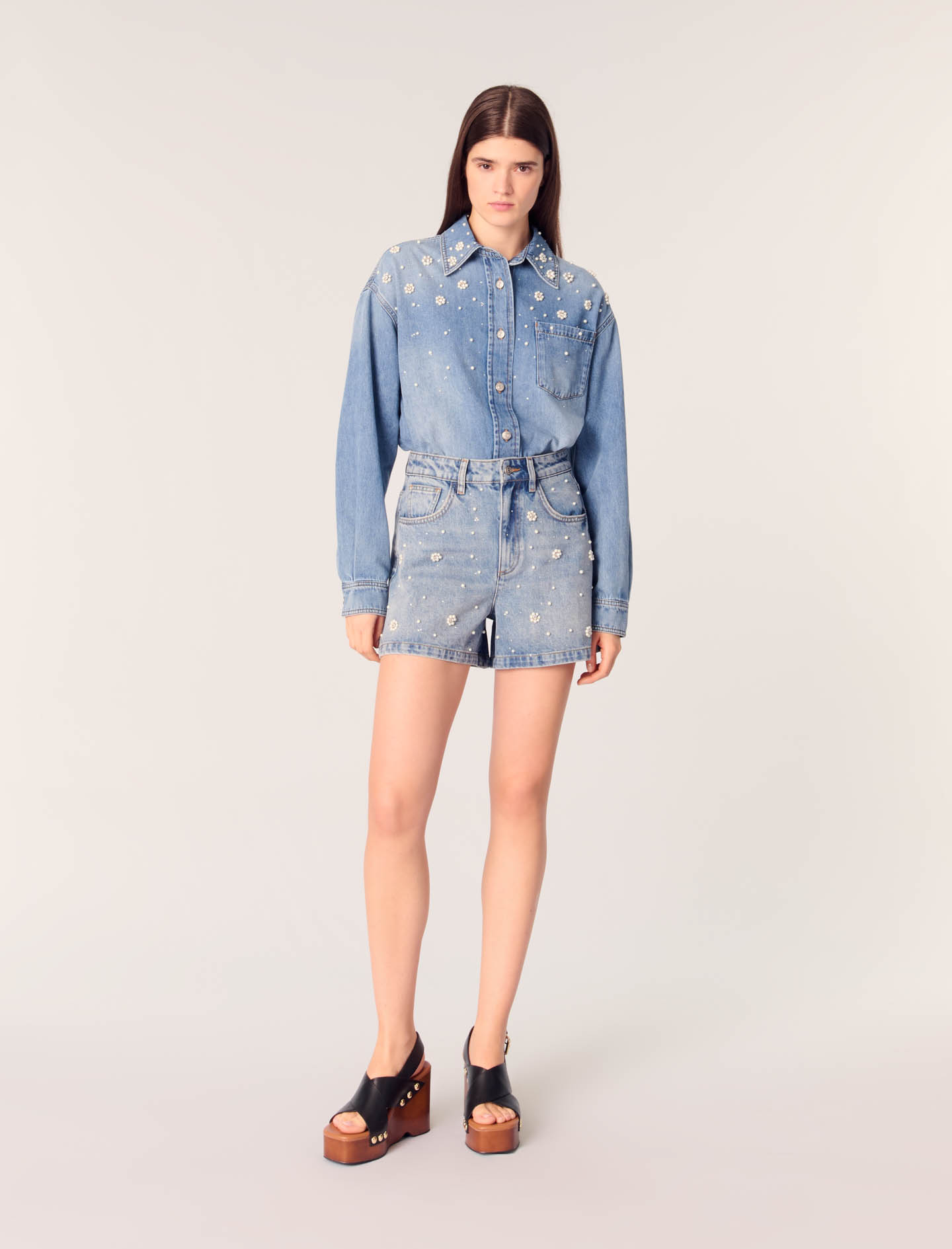 Short En Denim À Perles Brodées - Maje - Modalova