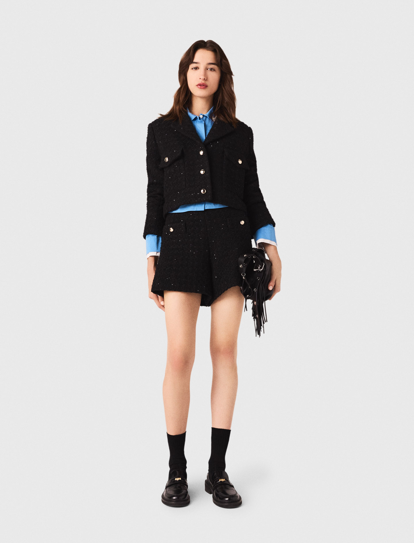 Maje Short Rhinestone Tweed Jacket In Black