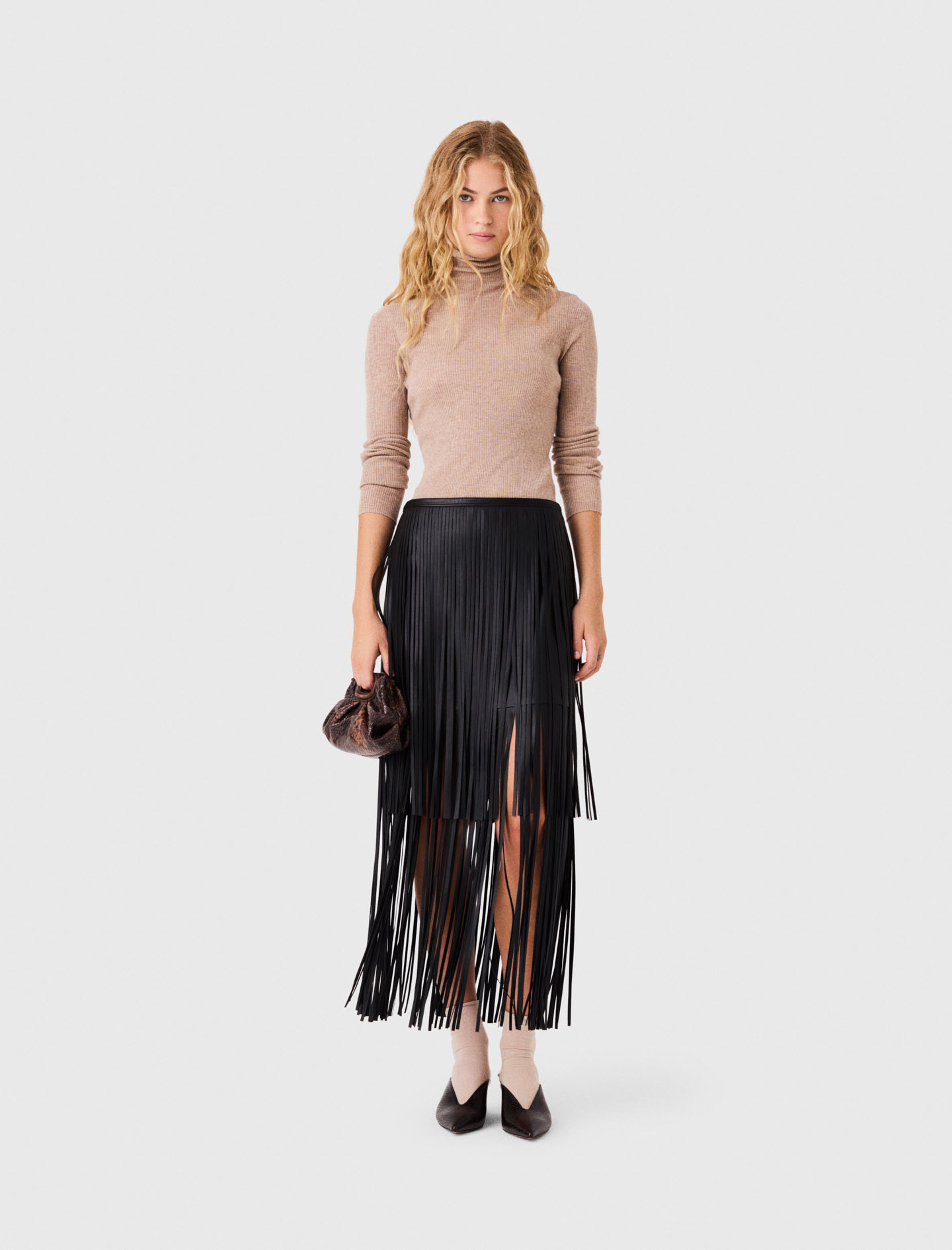 Jupe À Franges En En Simili Cuir - Noir - Taille 40 - Maje