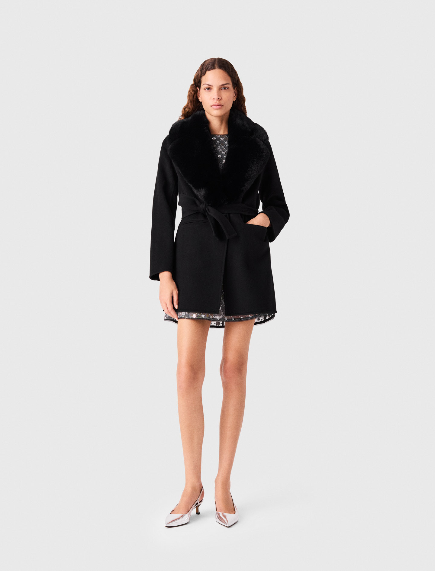 Manteau Long Et Col Fausse Fourrure - Noir - Taille 34 - Maje
