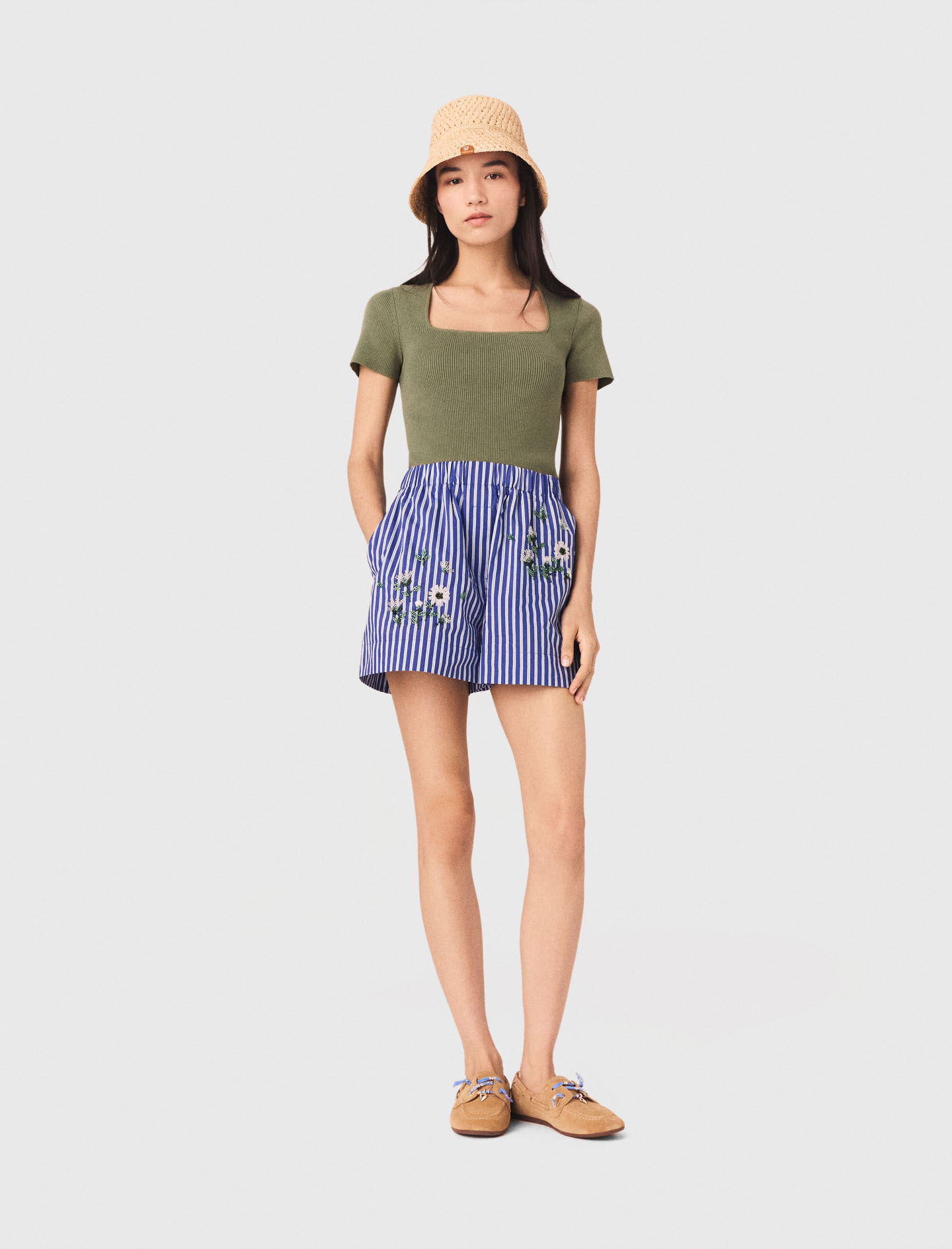 Short Rayé En Coton Brodé - Bicolore - Taille 42 - Maje