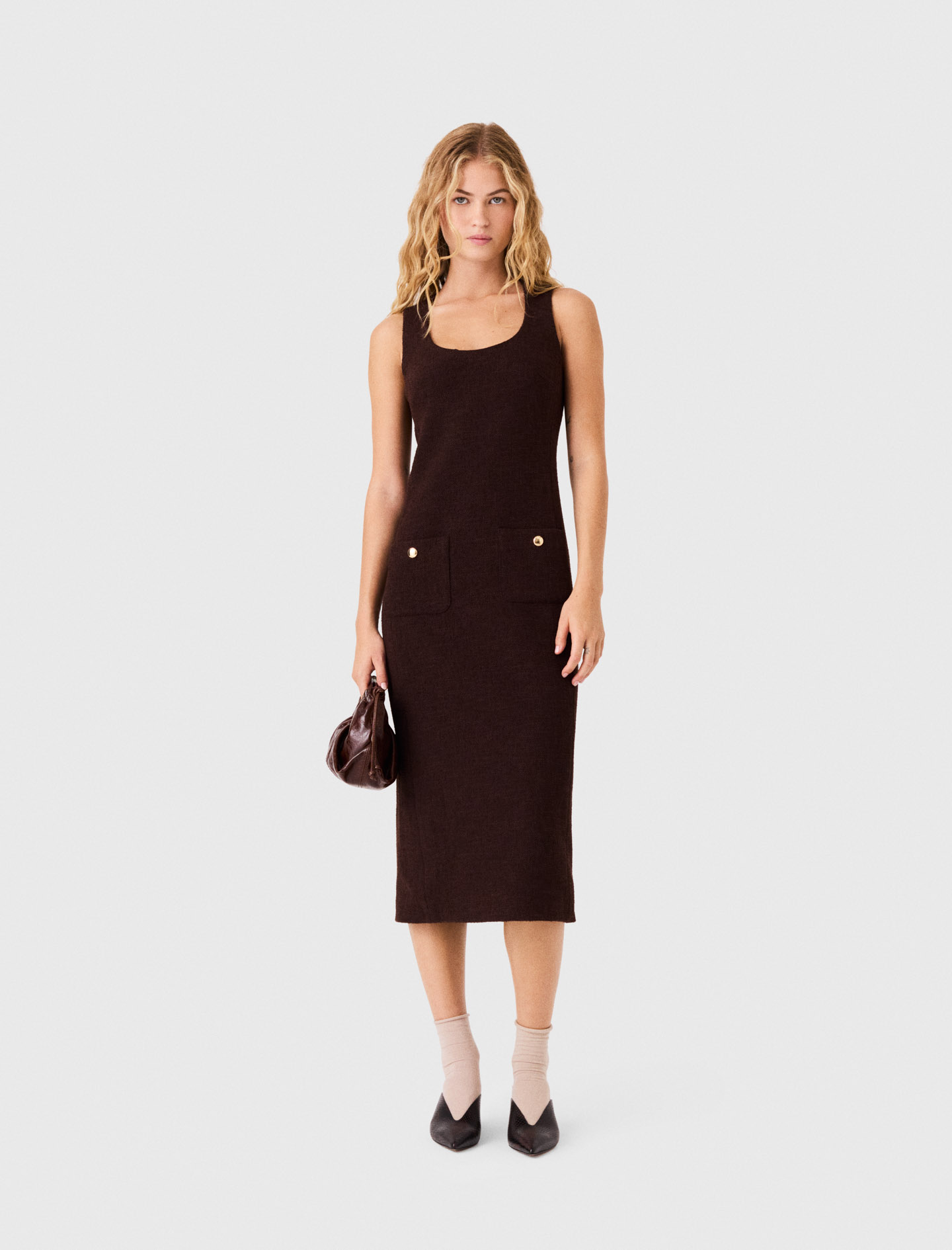 Robe Midi En Tweed - Marron Fonce - Taille 42 - Maje