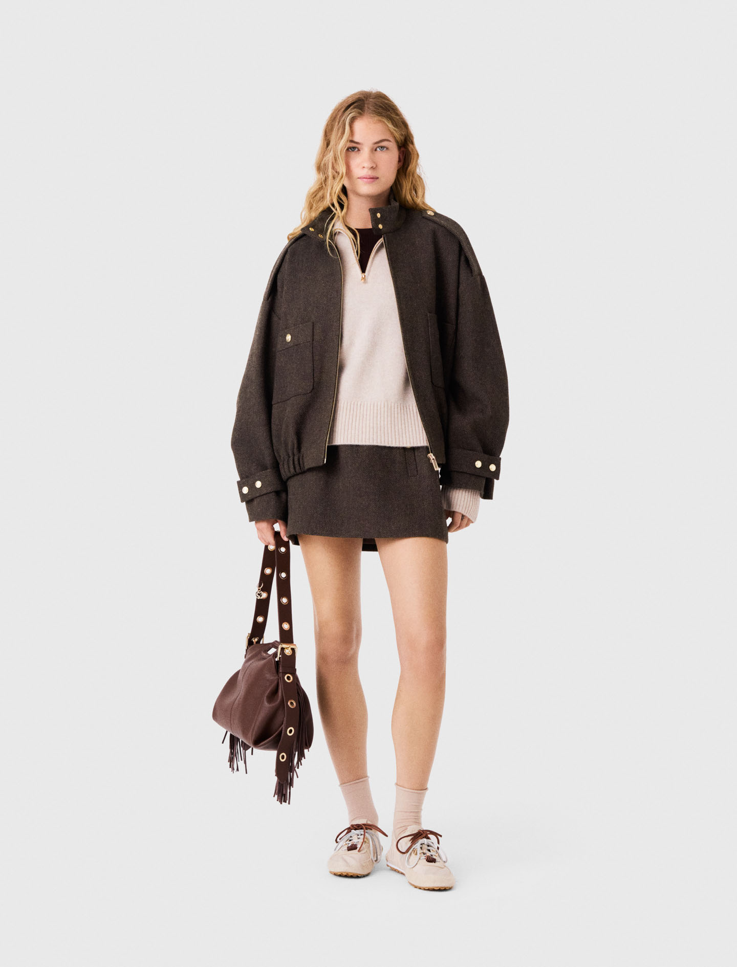 Blouson Oversize En Laine - Marron Fonce - Taille 40 - Maje