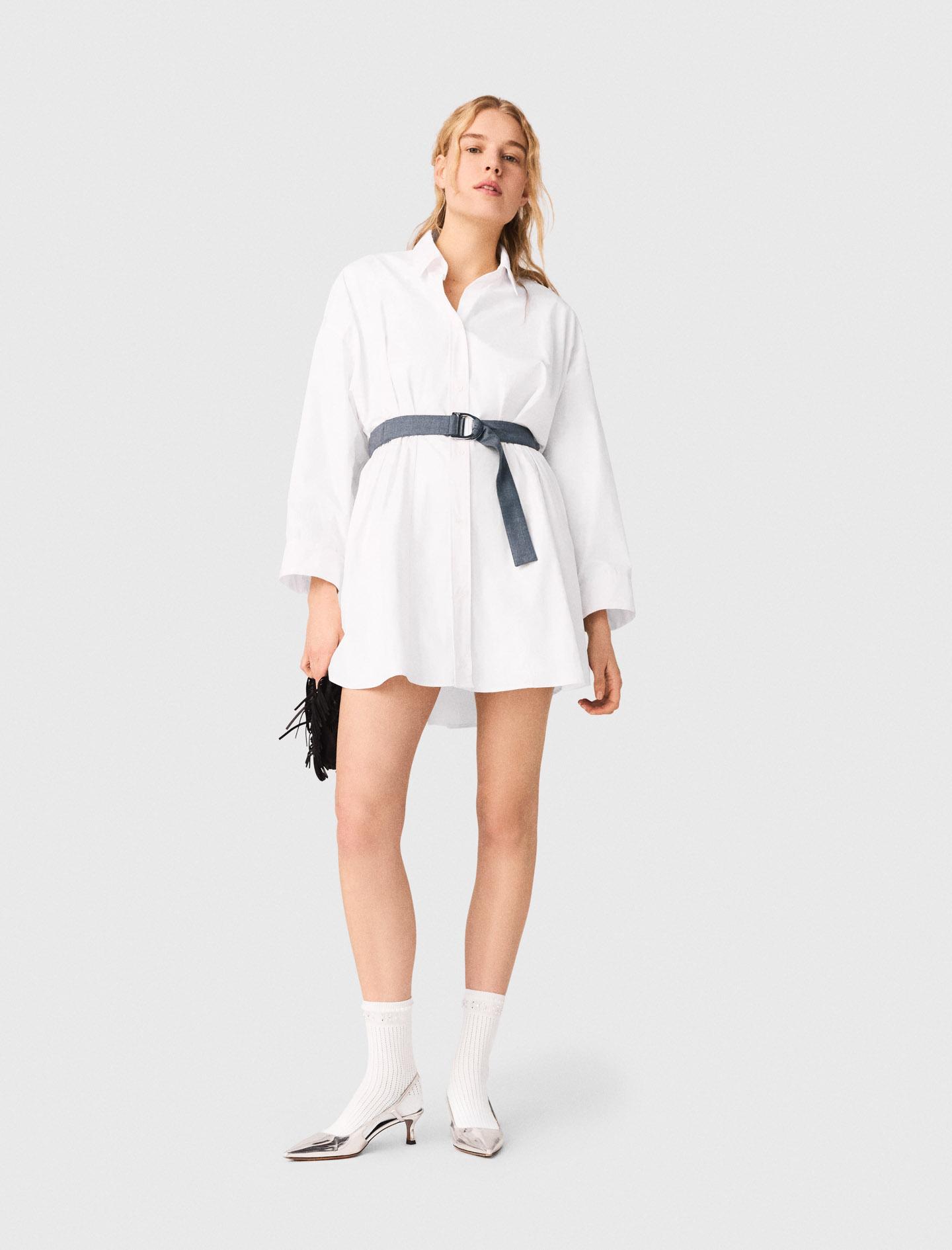 Robe Chemise À Ceinture Contrastée - Blanc - Taille 36 - Maje