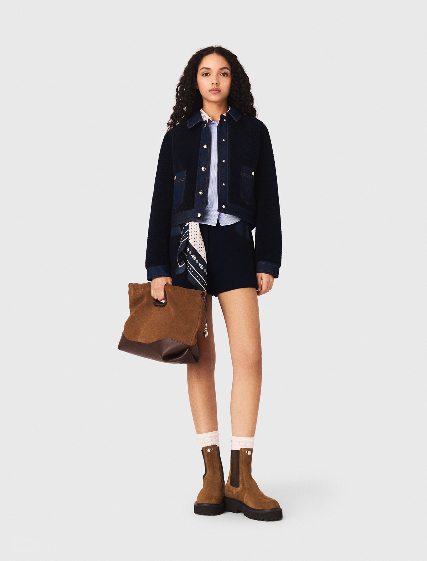 Blouson Bouclette Et Détails Denim - Bleu Marine - Taille 40 - Maje
