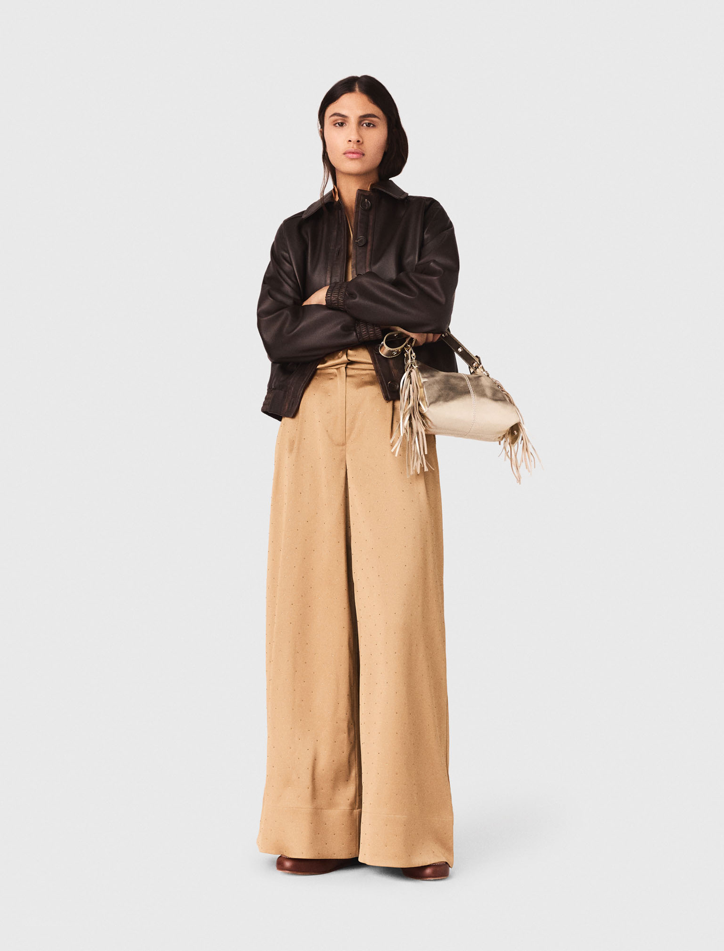 Pantalon En Satin Strassé - Caramel - Taille 38 - Maje