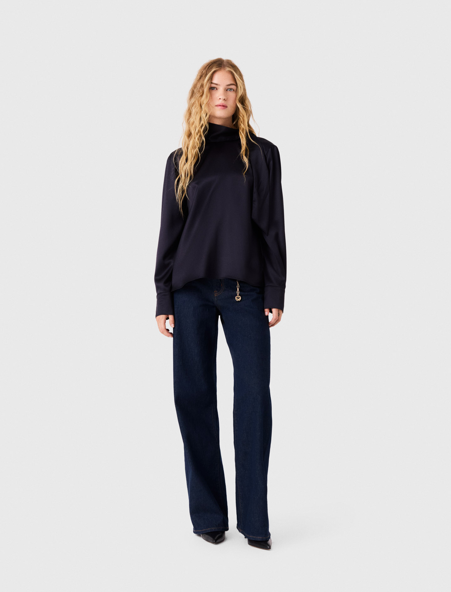 Top Satin Col Montant - Bleu Marine - Taille 1 - Maje