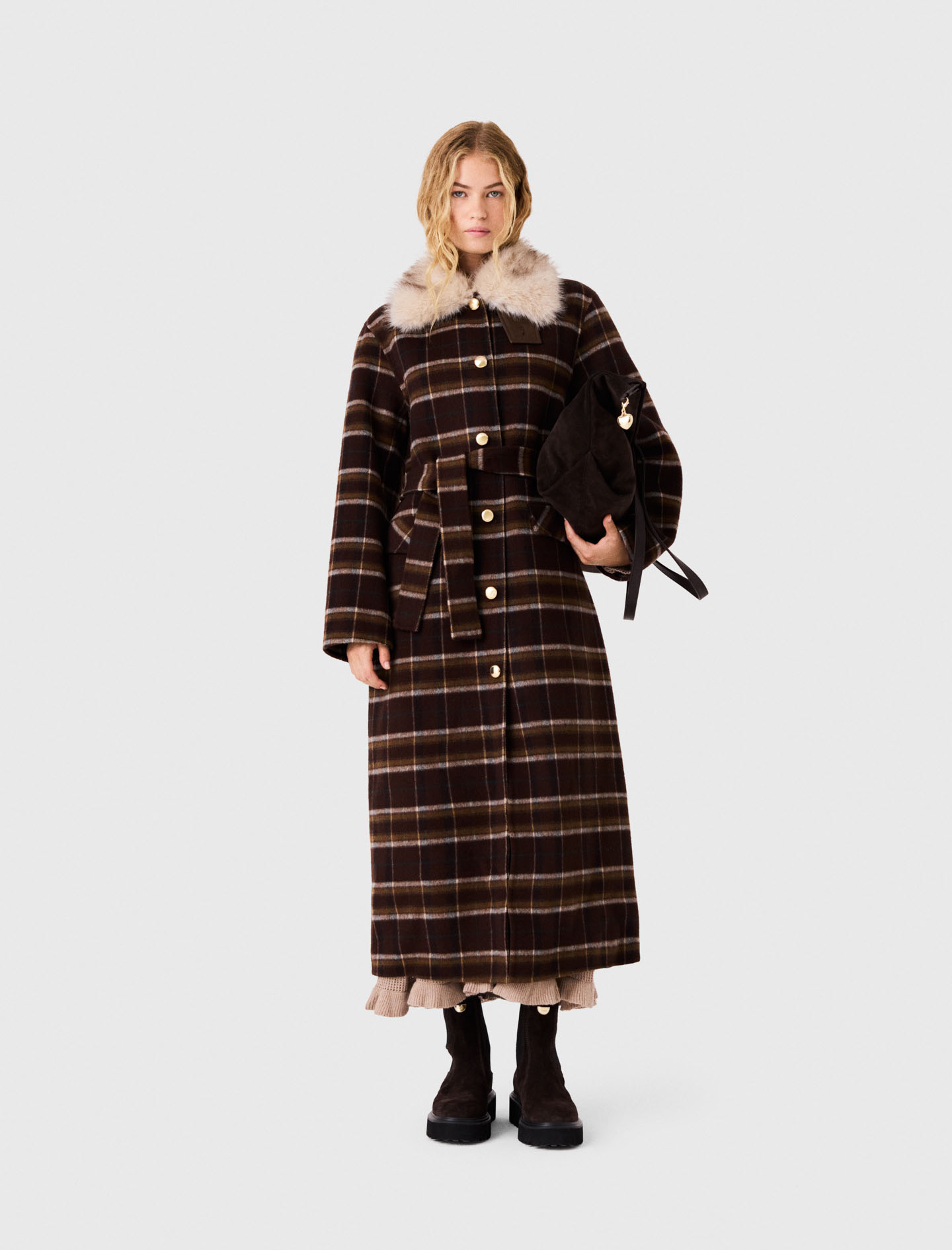 Manteau Long Et Col Fausse Fourrure - Marron Fonce - Taille 38 - Maje