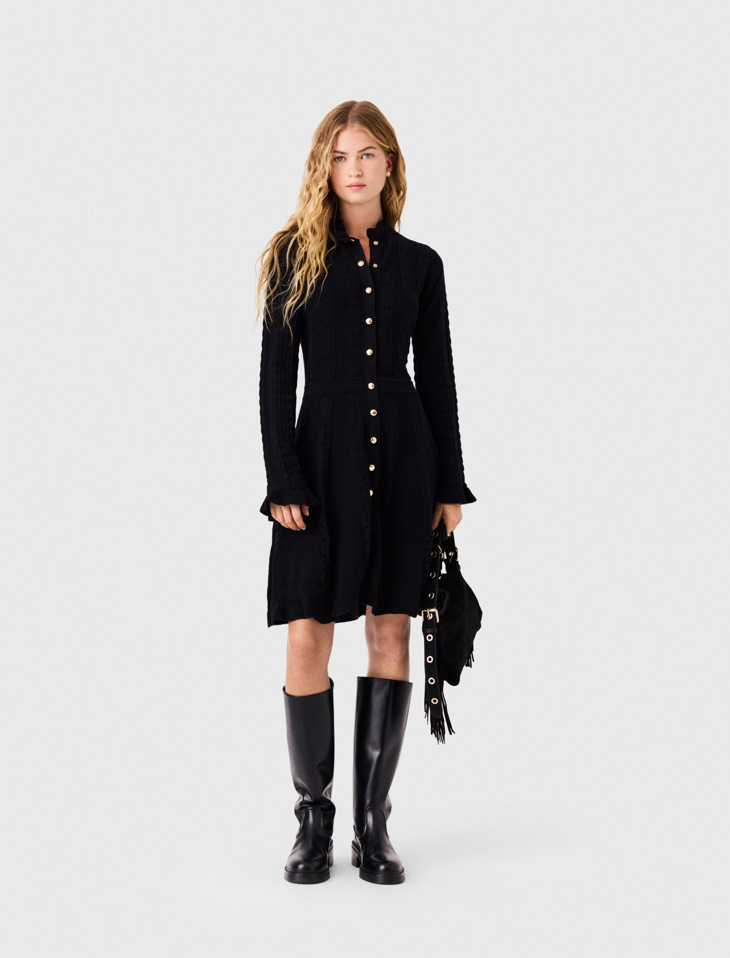 Robe Courte En Maille Avec Boutons - Noir - Taille 34 - Maje