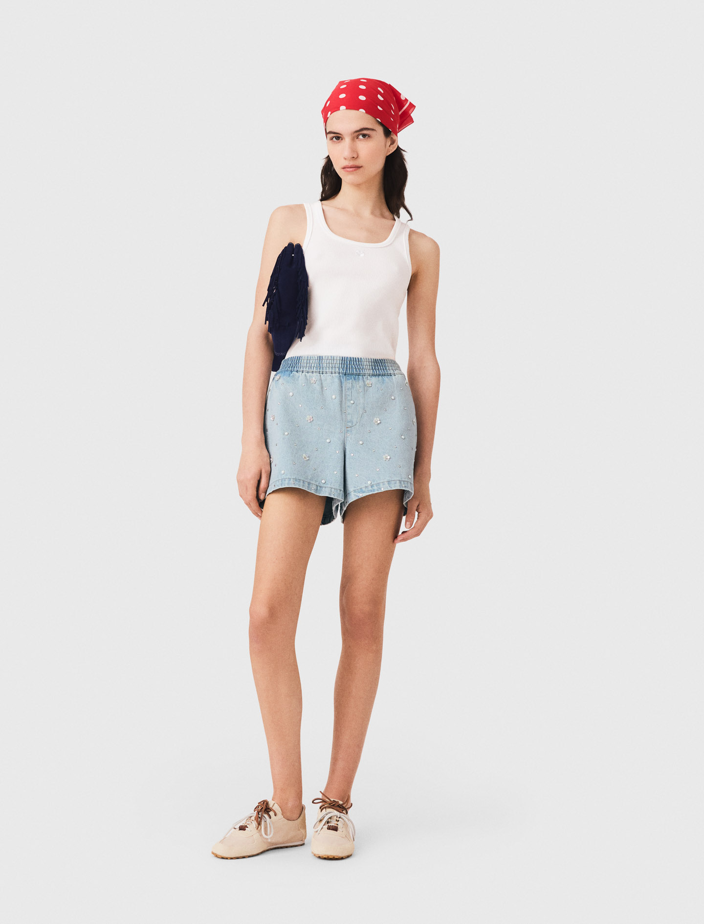 Short En Denim Avec Fleurs - Bleu - Taille 36 - Maje