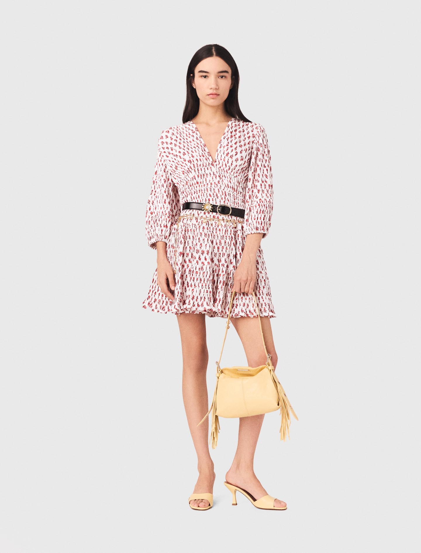 Robe Plissée Imprimée - Rouge - Taille 40 - Maje