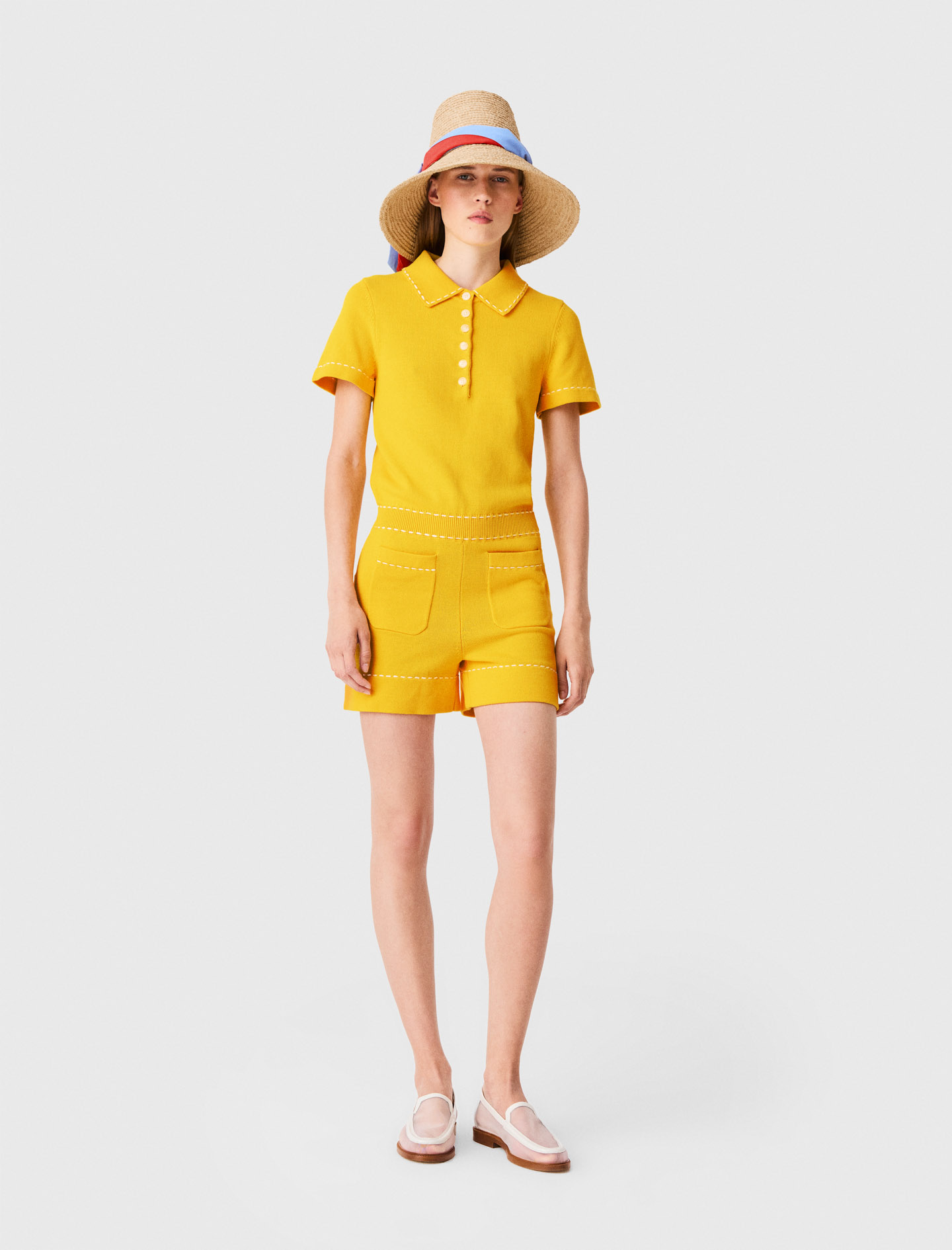 Combishort En Maille Avec Col Polo - Jaune - Taille 36 - Maje