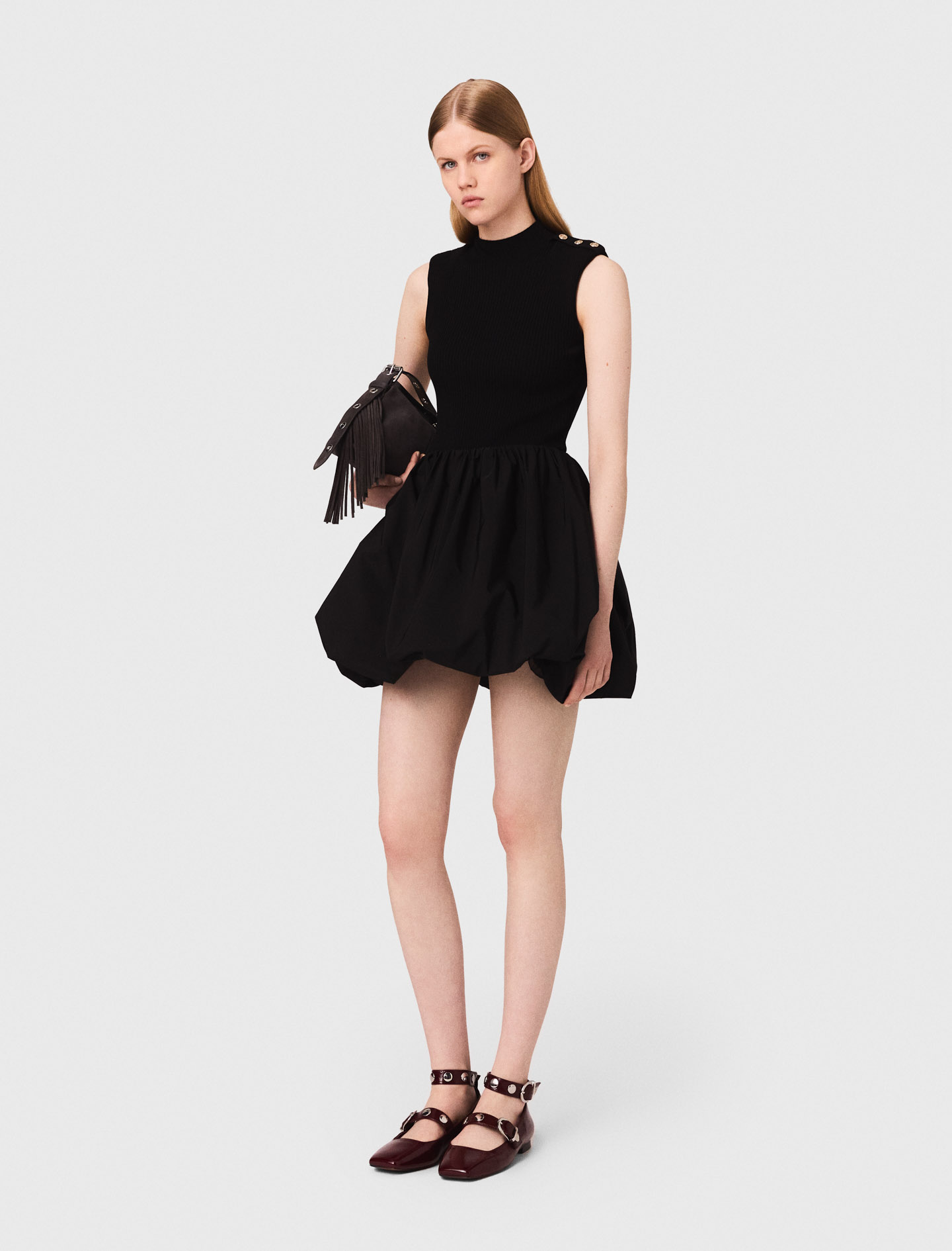 Maje Robe Courte En Maille Et Taffetas In Black