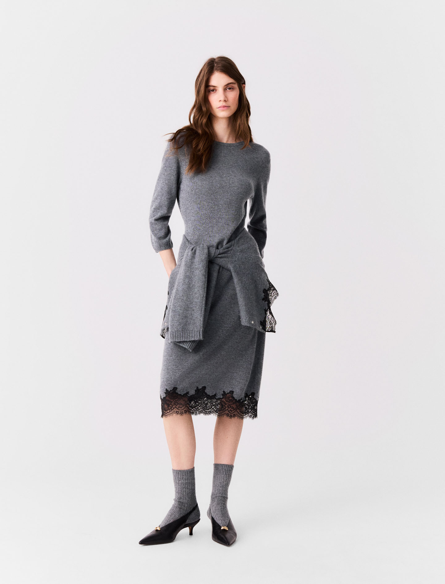 Robe Avec Empiècement En Dentelle - Gris/noir - Taille 38 - Maje