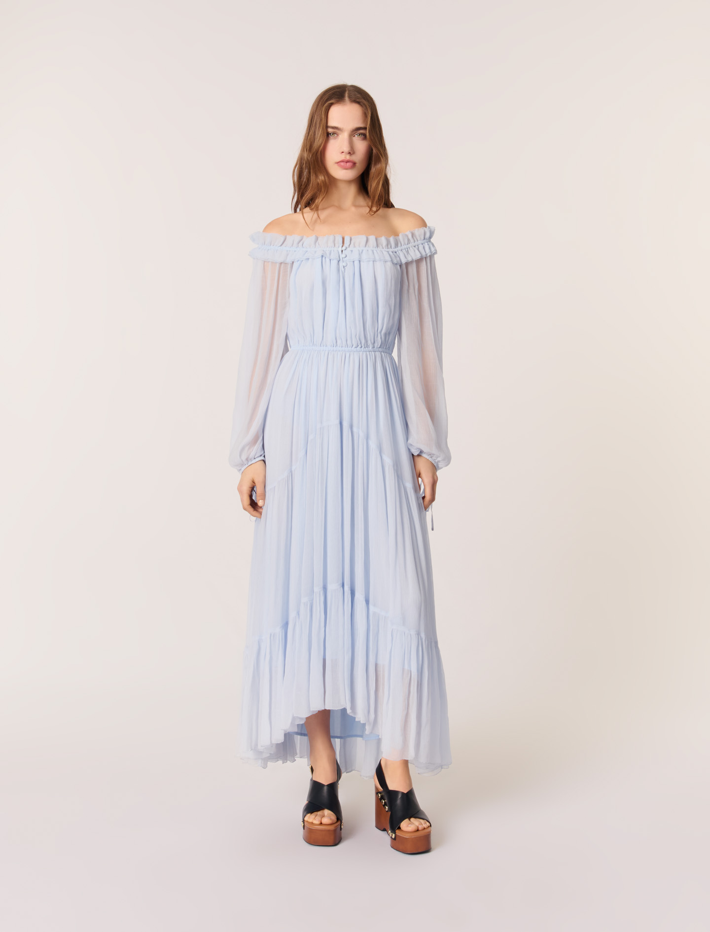 Robe Longue En Mousseline - Bleu - Maje - Modalova