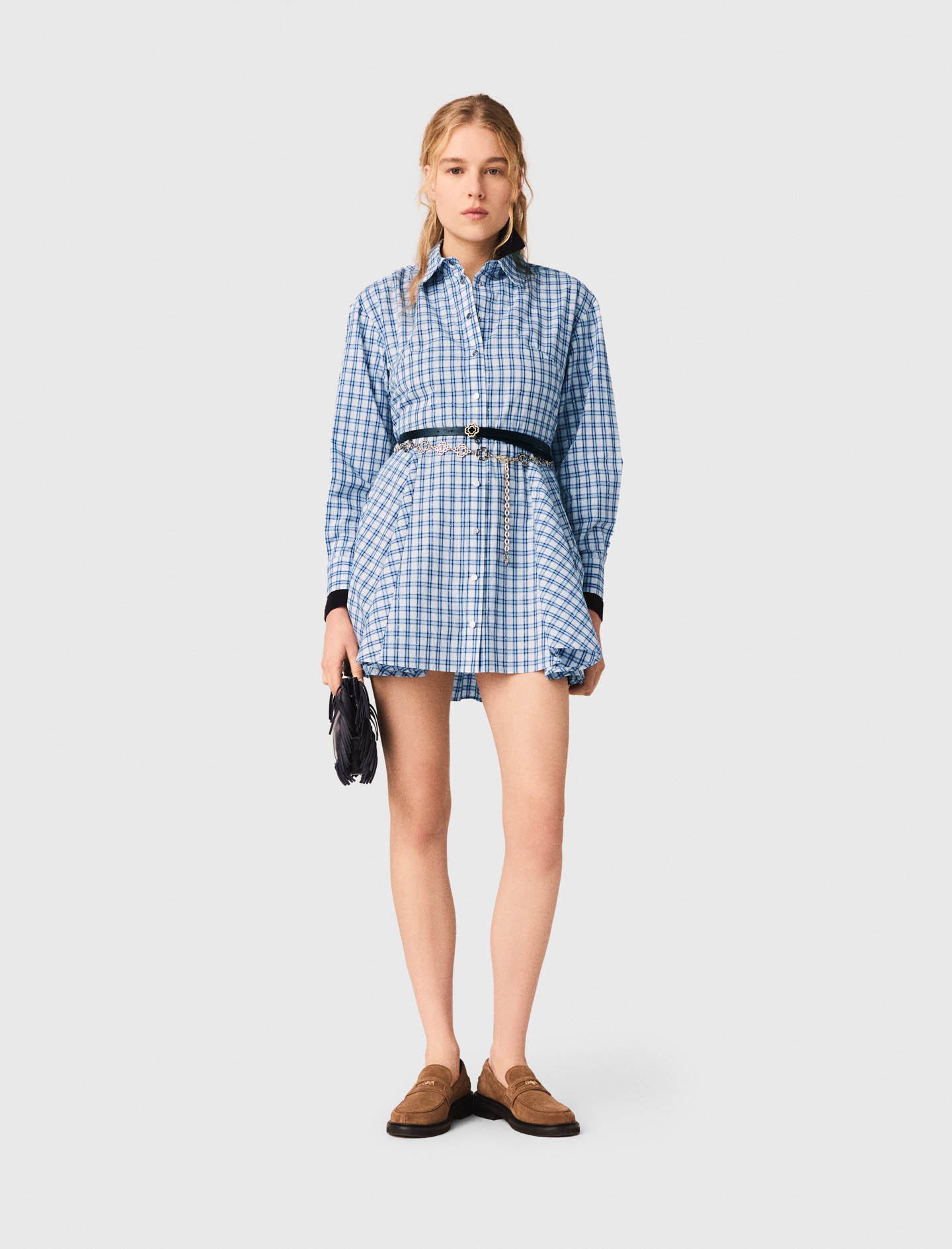 Robe Chemise En Coton Strassé - Carreaux Bleus Print - Taille 38 - Maje