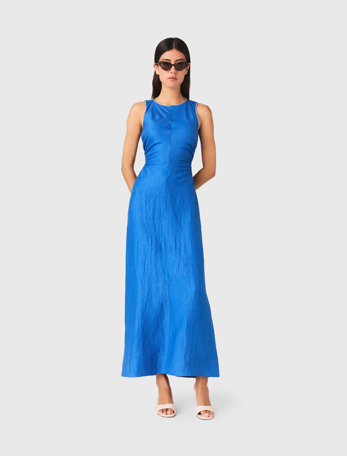 Robe Midi Dos Nu En Lin Mélangé - Bleu - Taille 34 - Maje