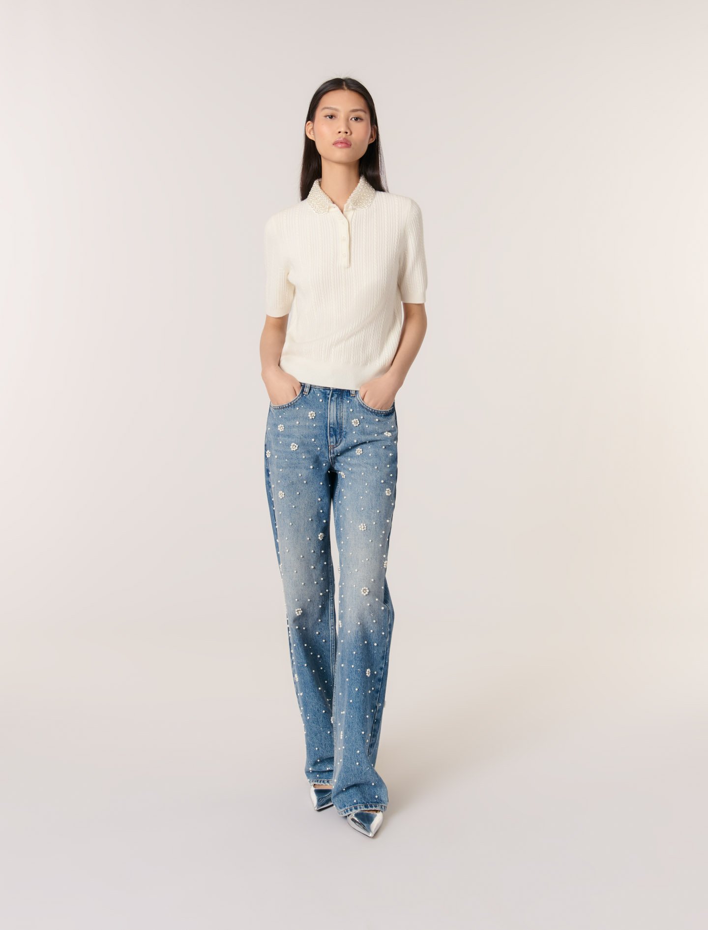 Polo En Maille À Col Amovible - Blanc - Maje - Modalova