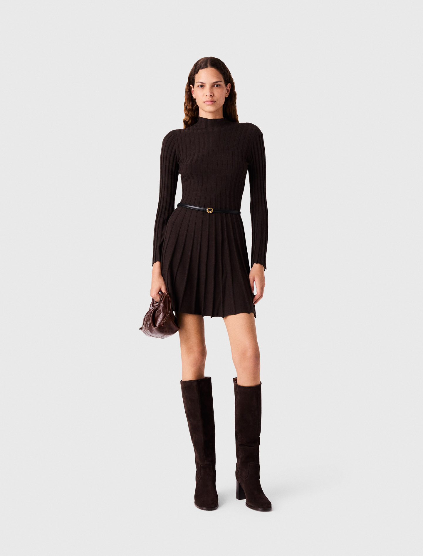 Robe Courte Patineuse À Col Montant - Marron Fonce - Taille 38 - Maje